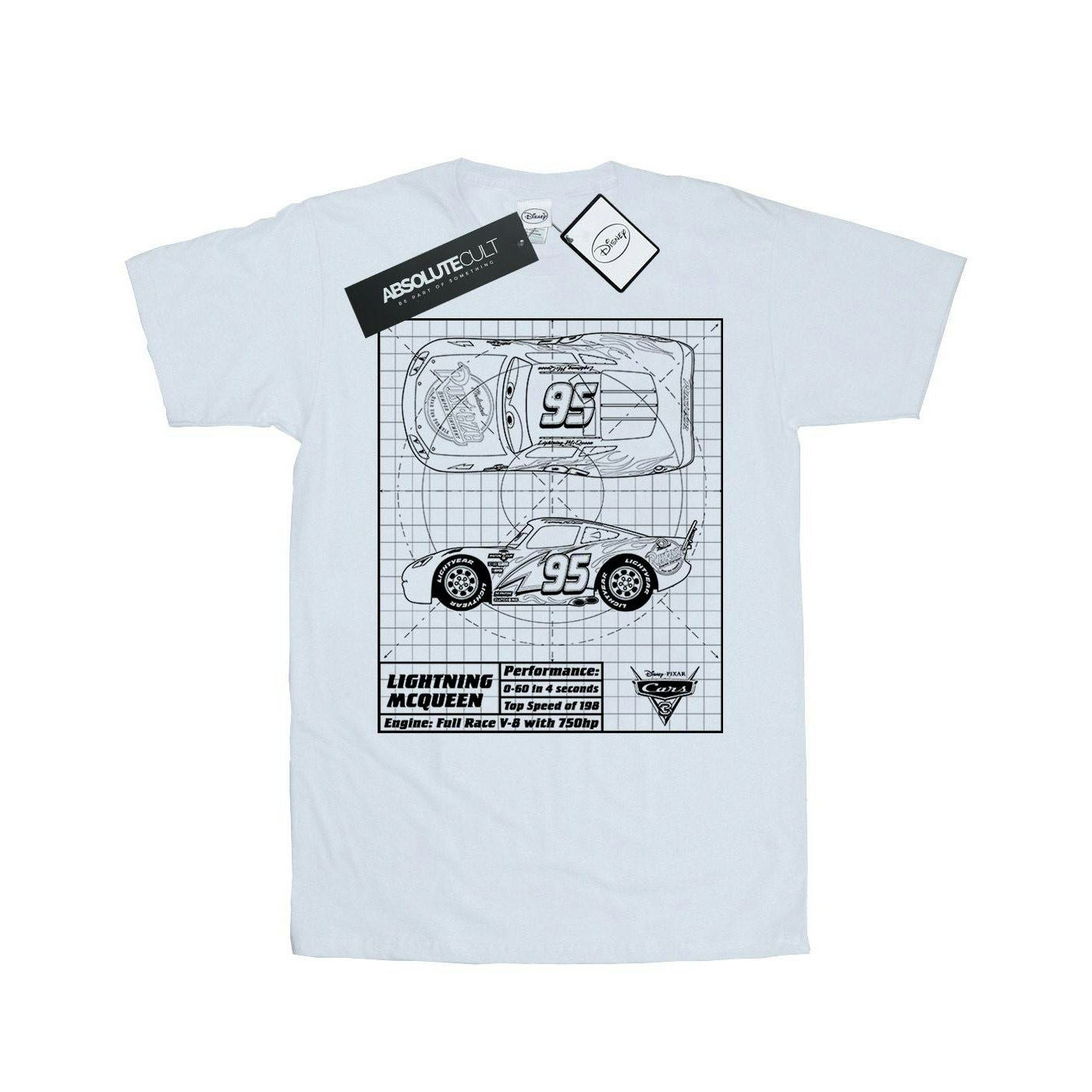 Disney Women's White / Cars Lightning Mcqueen Blueprint Cotton Boyfriend T-Shirt - Xxl
