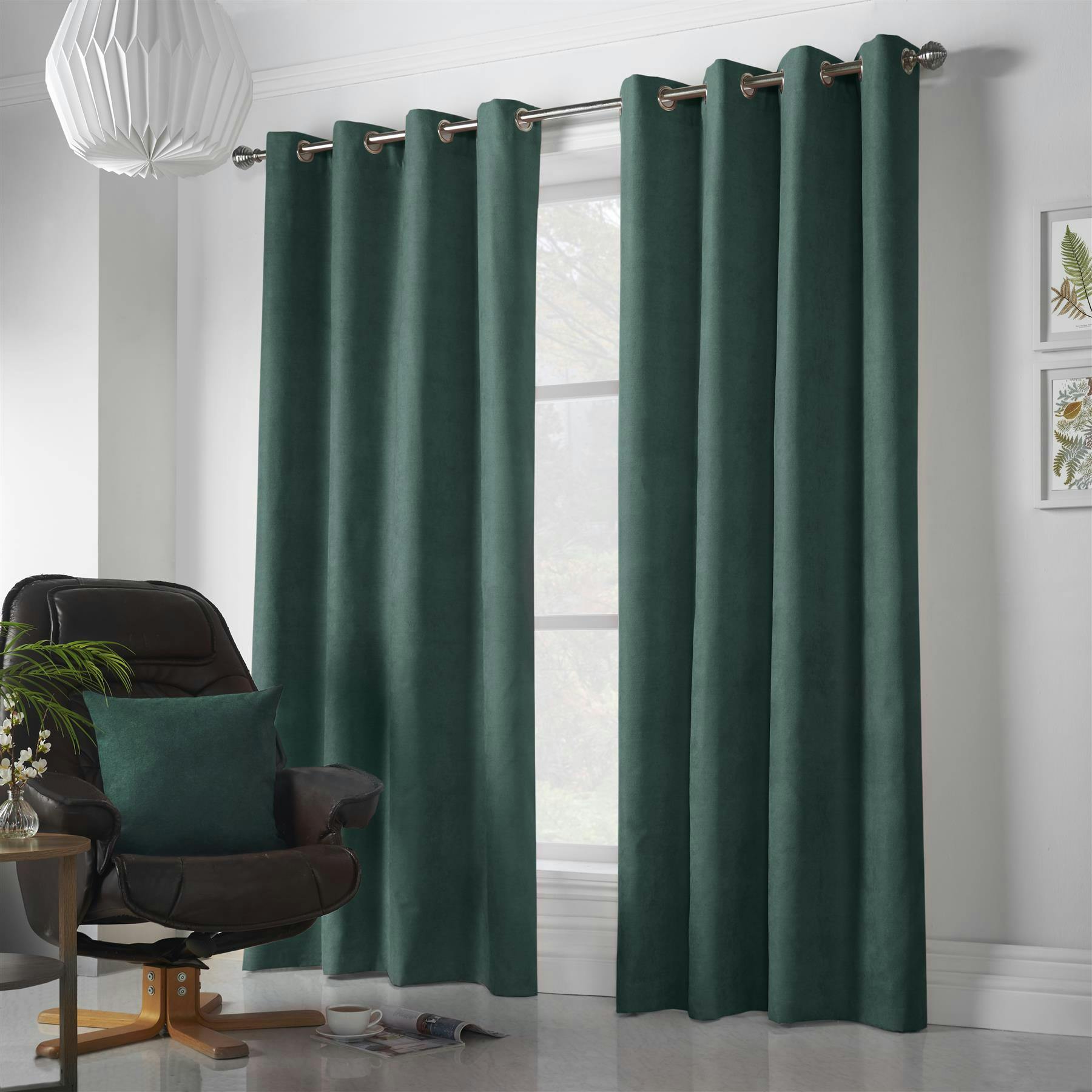 Rackhams Green Velvet Chenille Ring Top Curtains - 142Cm Width X 229Cm Drop