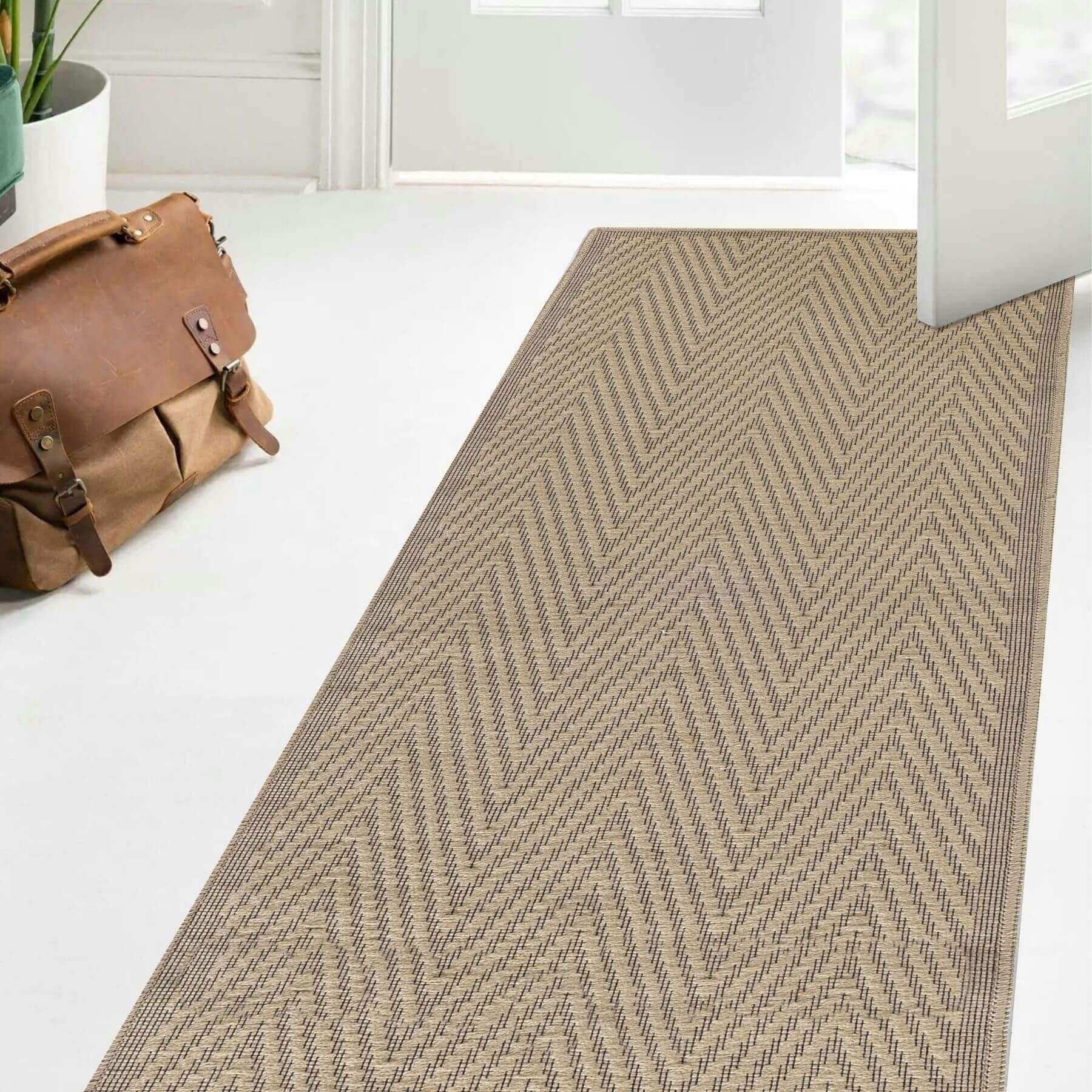 The Rugs Beige Herringbone Jute Looking Washable Rug - 60X180 Cm