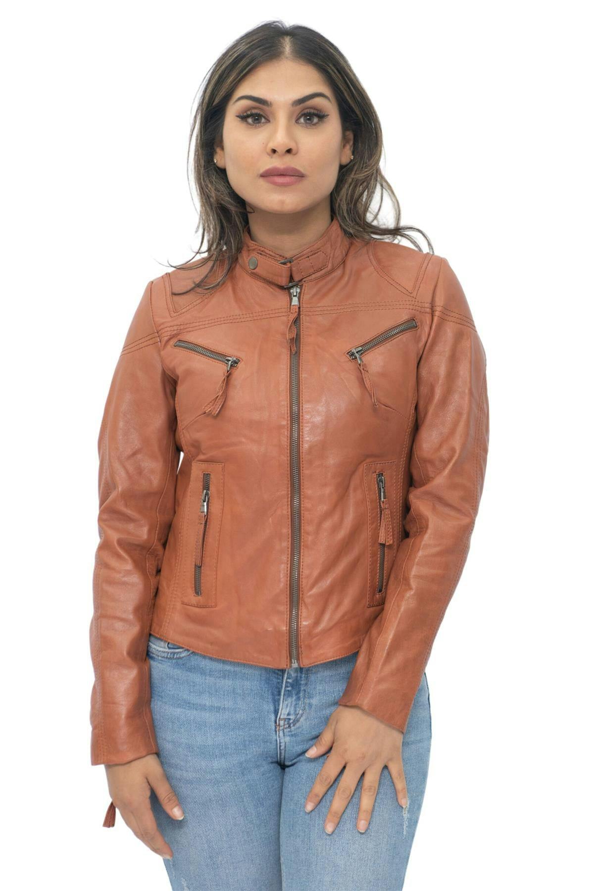 Infinity Leather Women's Brown Casual Slim-Fit Leather Biker Jacket-Tulsa - Uk 2XL/18 | Eu 44 | Us 14