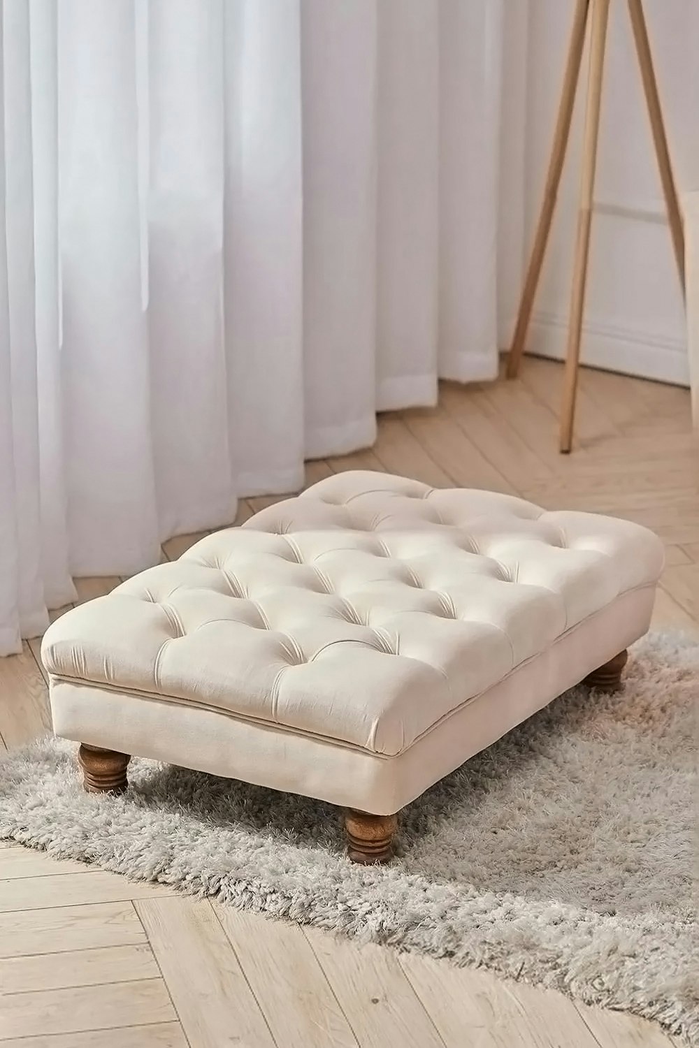 Rackhams Beige Buttoned Velvet Rectangular Ottoman Footstool With Gourd-Shaped Legs