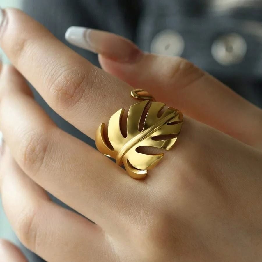 The Colourful Aura Women's Tropical Monstera Plant Leaf Open Statement Gold/SIlver Ring in Gold - Image 2