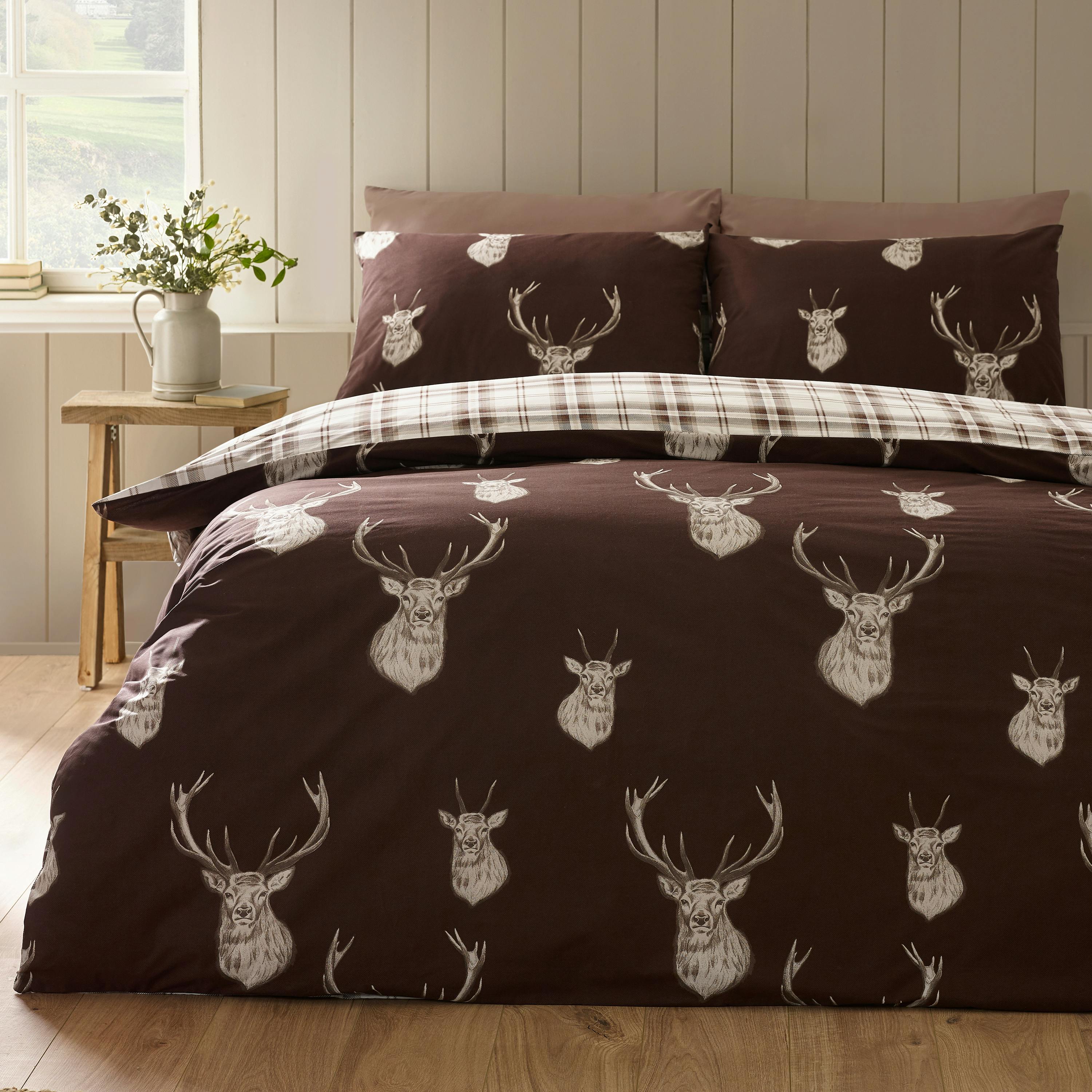 Catherine Lansfield Stag Check Reversible Duvet Cover Set Chocolate - Single - Chocolate