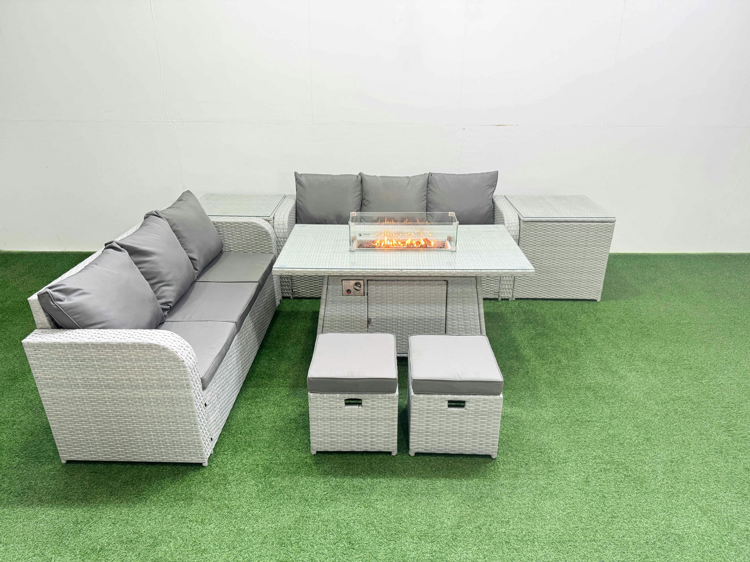 Rackhams Light/Grey Outdoor Garden Furniture Set 8 Seater Rattan Furniture Sofa Set With Fire Pit Dining Table High Back Lounge Sofa Stools 2 Side Table