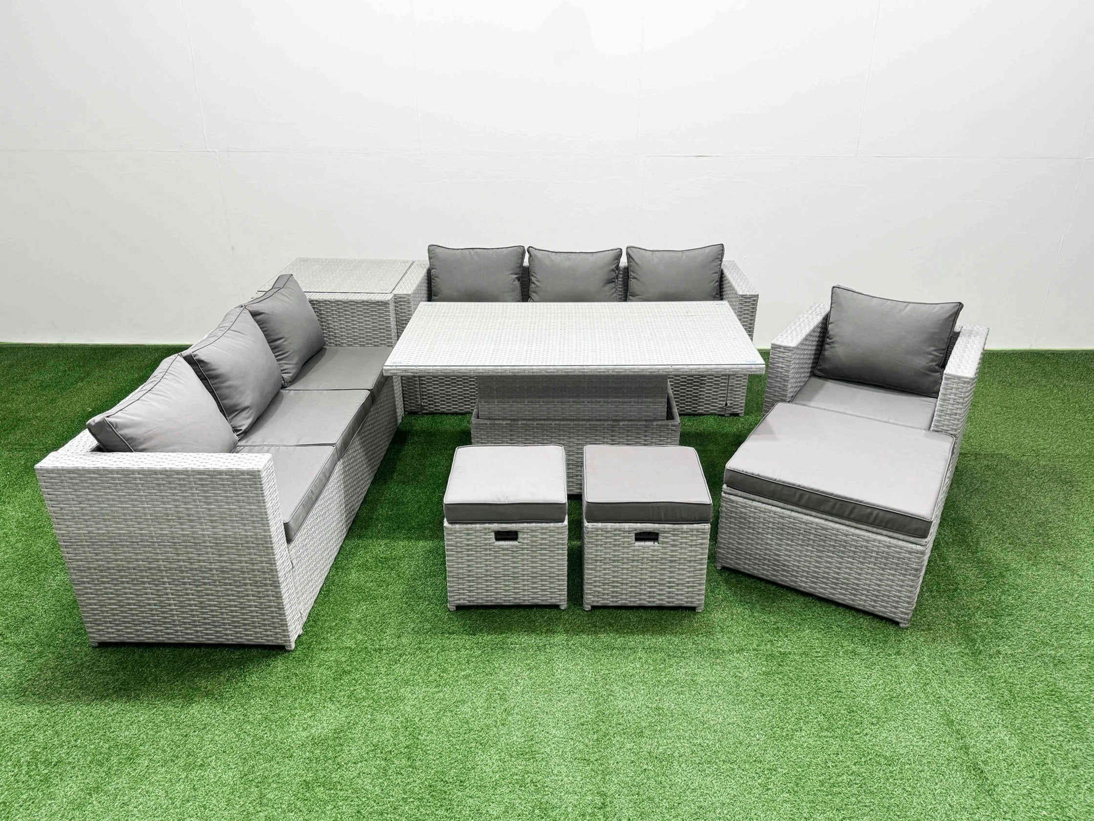Fimous Light/Grey 7 Pcs Rising Dining Table Set Rattan Furniture Set With 3 Seater Sofa Chair 3 Footstools Side Table