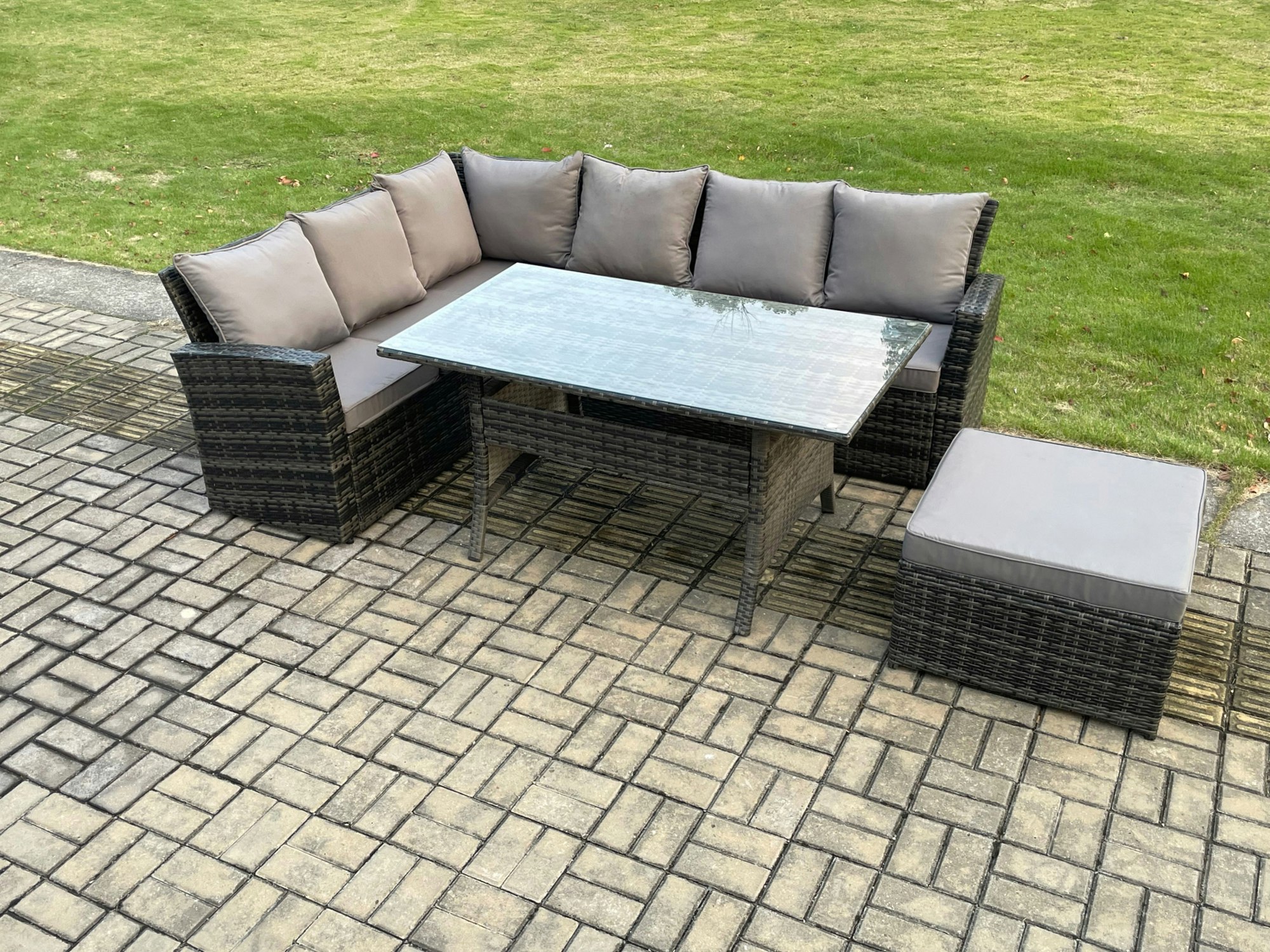 Rackhams Dark/Grey 7 Seater Garden Rattan Furniture Corner Dining Set With Big Footstool Indoor Outdoor Lounge Sofa Set Mixed