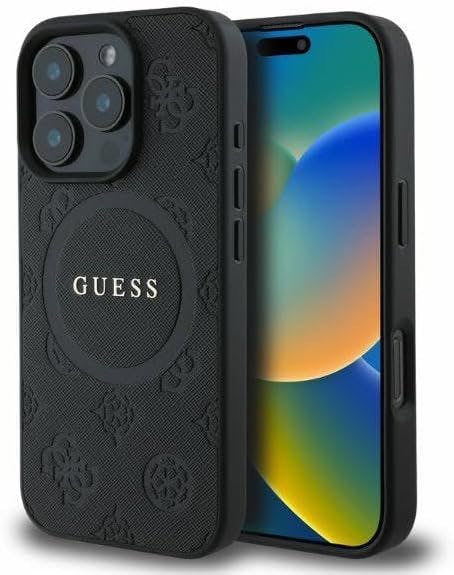 Guess Black Leather Saffiano Peony Classic Logo Hardcase With Magsafe For Iphone 16 Pro 6.3" - Guhmp16lpsapsmek