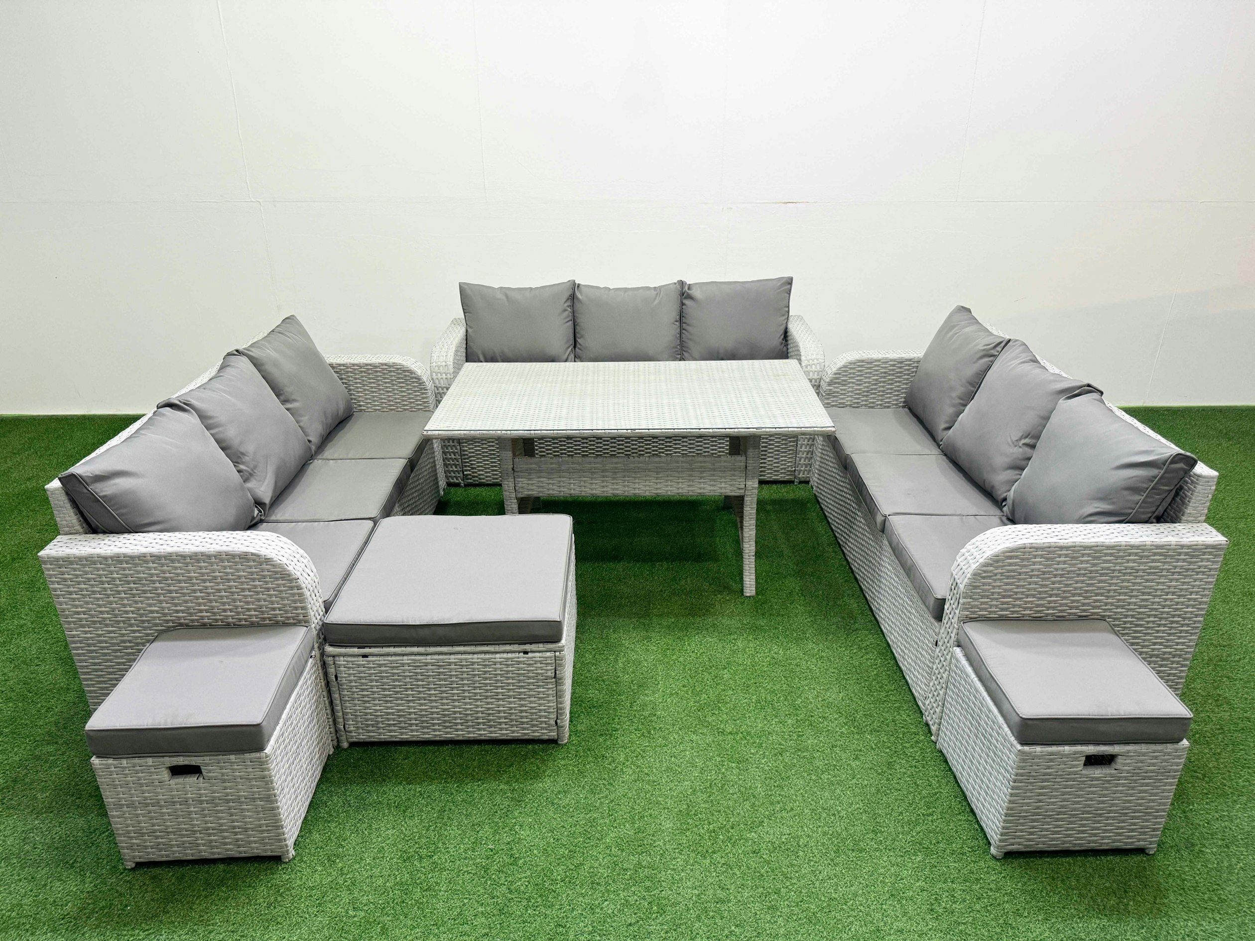 Rackhams Light/Grey Pe Rattan Lounge Sofa Set 12 Seater Outdoor Garden Furniture Set With Rectangular Dining Table 3 Seater Sofa 3 Stools