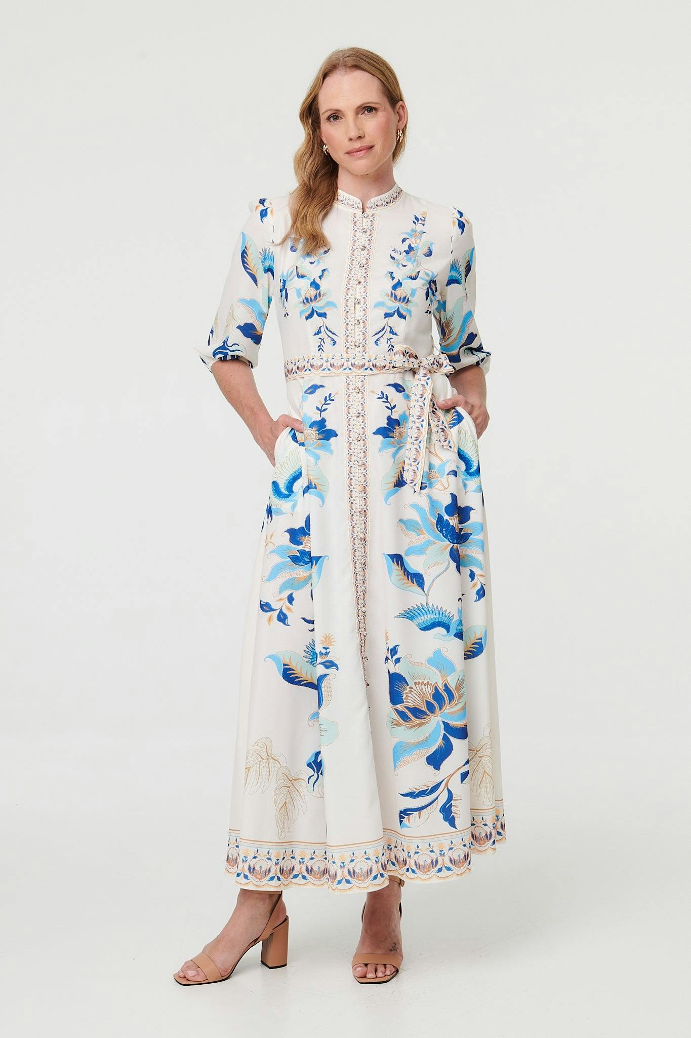 Izabel London White Floral Tie 3/4 Sleeve Maxi Dress - 10