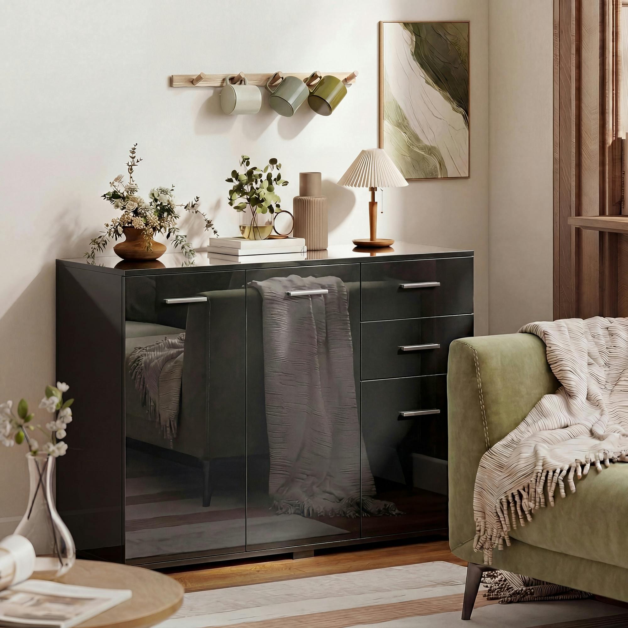 Homcom Black Modern Sideboard Kitchen Storage Cabinet, High Gloss - High Gloss - Sideboard - High Gloss