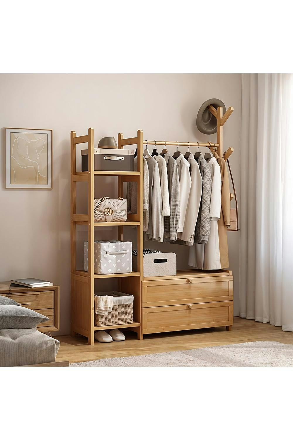Rackhams Freestanding Bamboo Clothes Rack Garment Rack With Storage Shelves Coat Hanger - Large