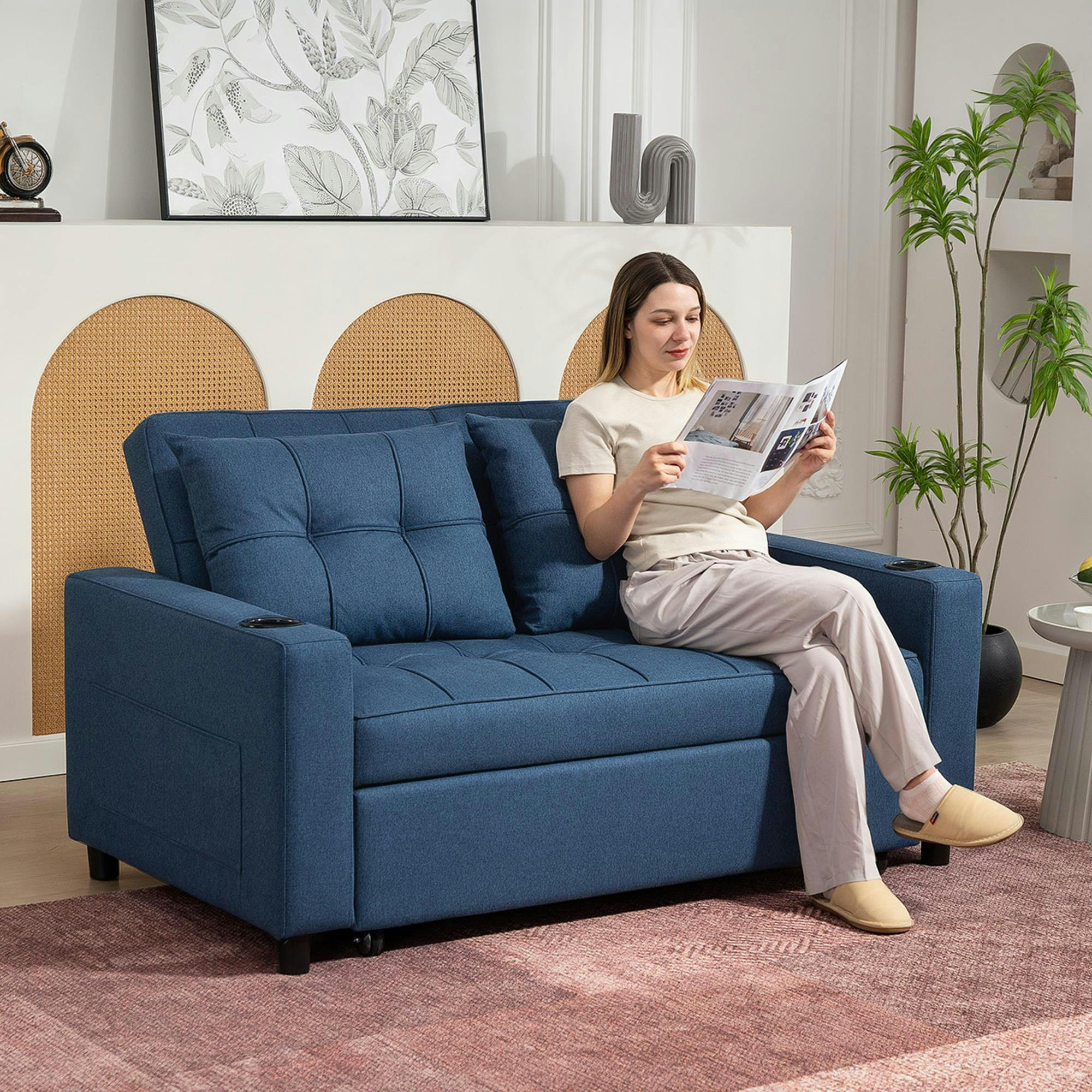 Homcom Dark/Blue 2 Seater Pull Out Sofa Bed With Pockets For Living Room,