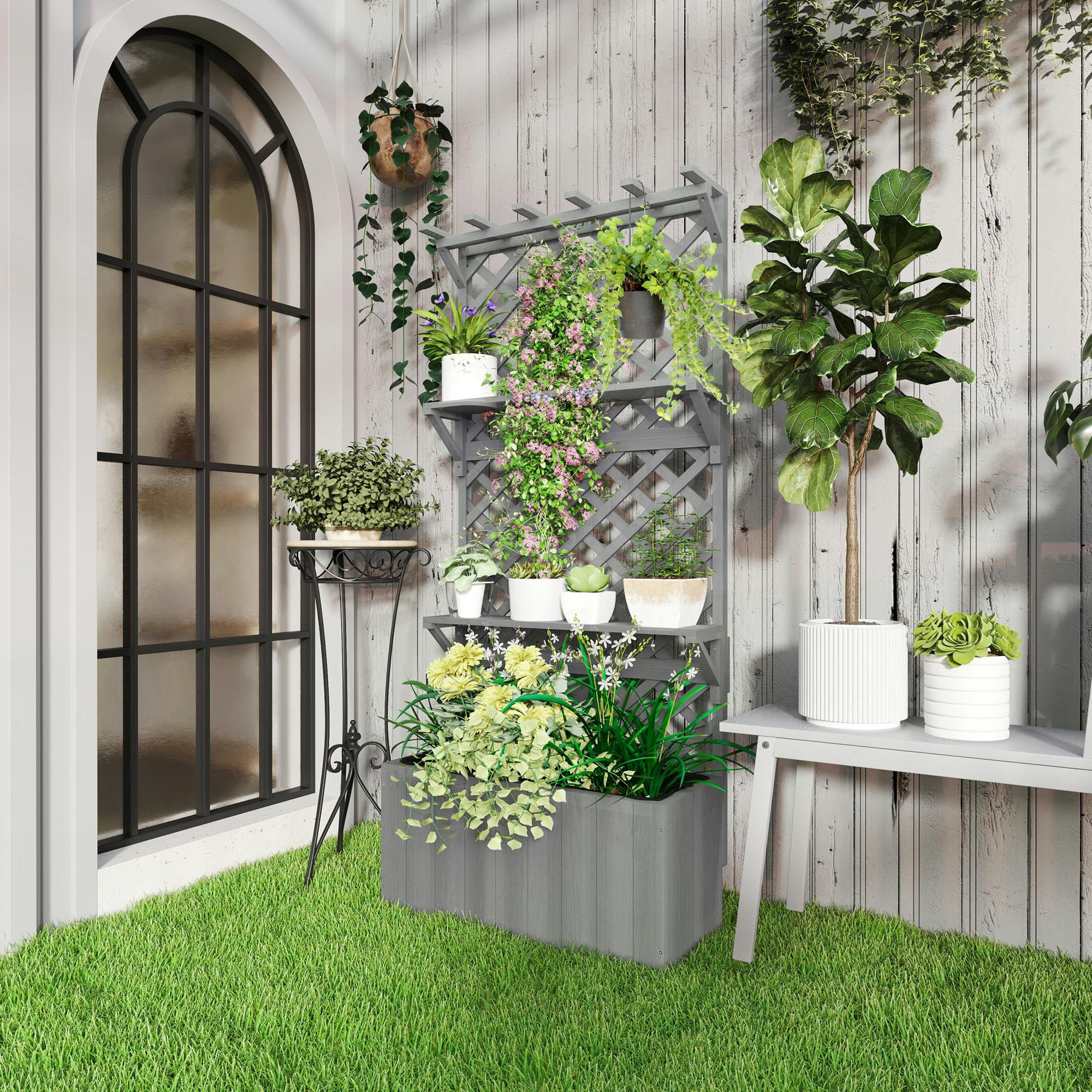 Rackhams Grey Wooden Raised Planter With Trellis And 2 Shelves,