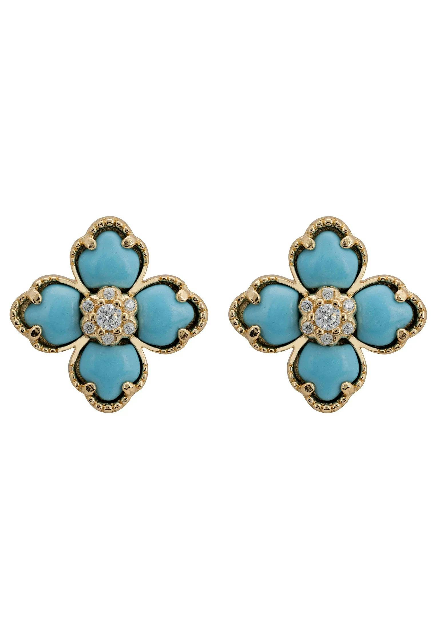 Latelita Turquoise/Gold Flower Clover Stud Earrings