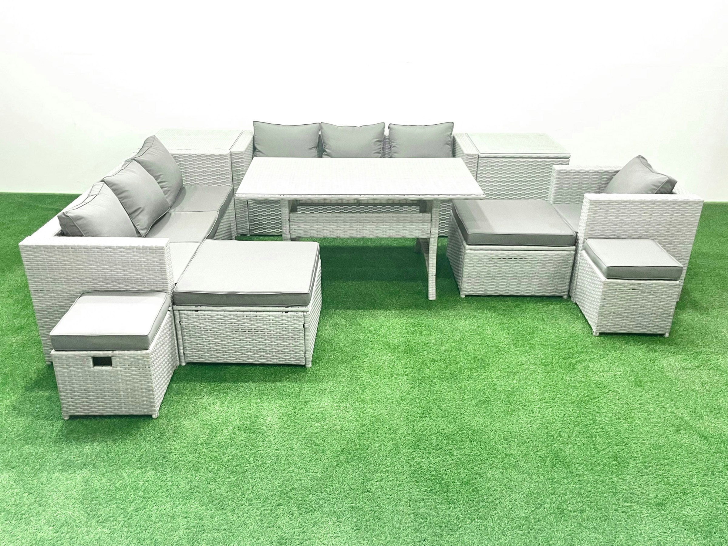 Fimous Light/Grey Rattan Garden Furniture Dining Set 11 Seater Lounge Sofa Chair Dining Table Set With 4 Footstools 2 Side Tables Mixed