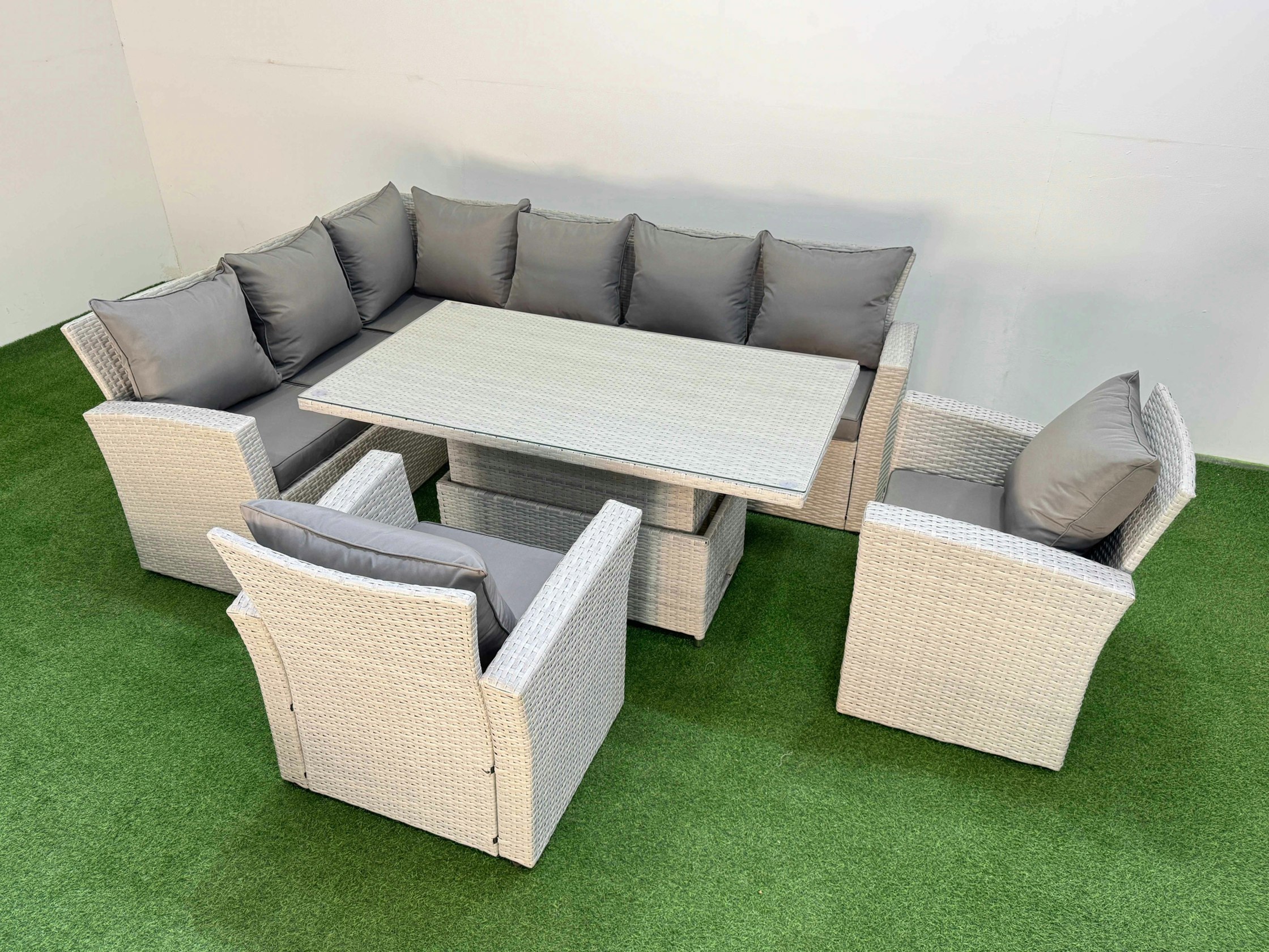 Rackhams Light/Grey 8 Seat Rattan Outdoor Garden Furniture Corner Sofa Set Adjustable Lifting Dining Or Coffee Table Set With 2 Armchairs
