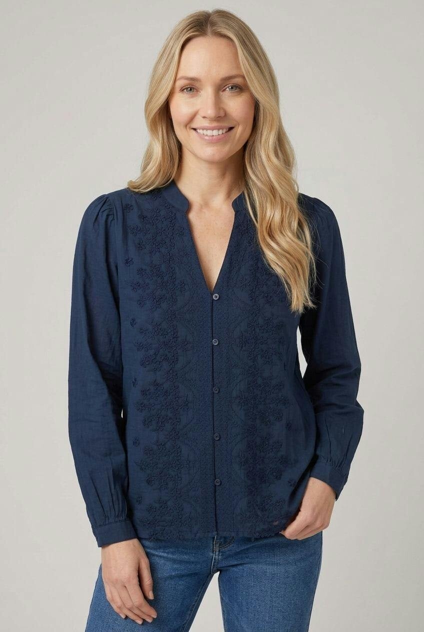 Izabel London Floral Textured Long Sleeve Blouse - 16 - Navy