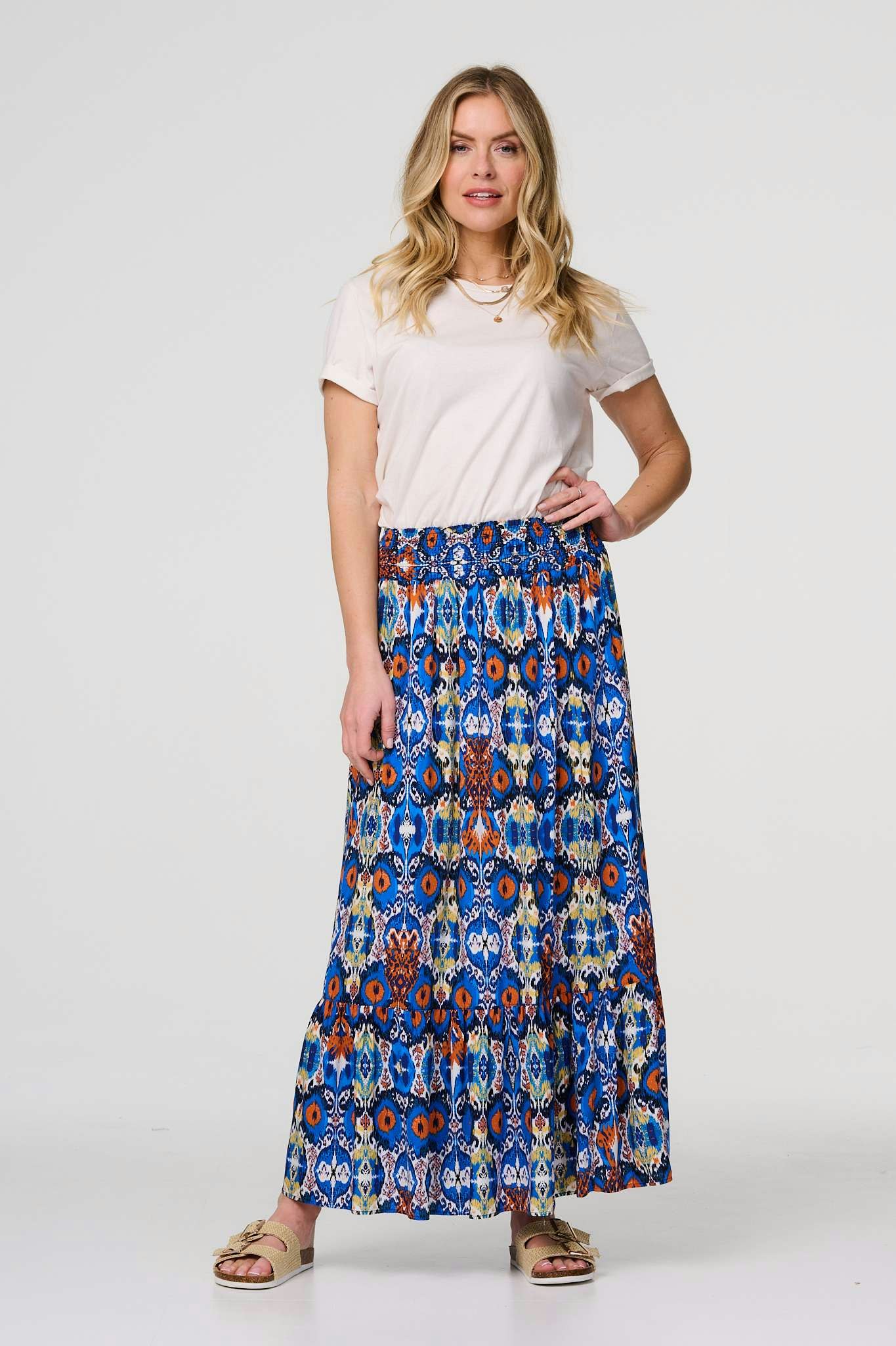 Izabel London Blue Printed Shirred High Waist Maxi Skirt - 10