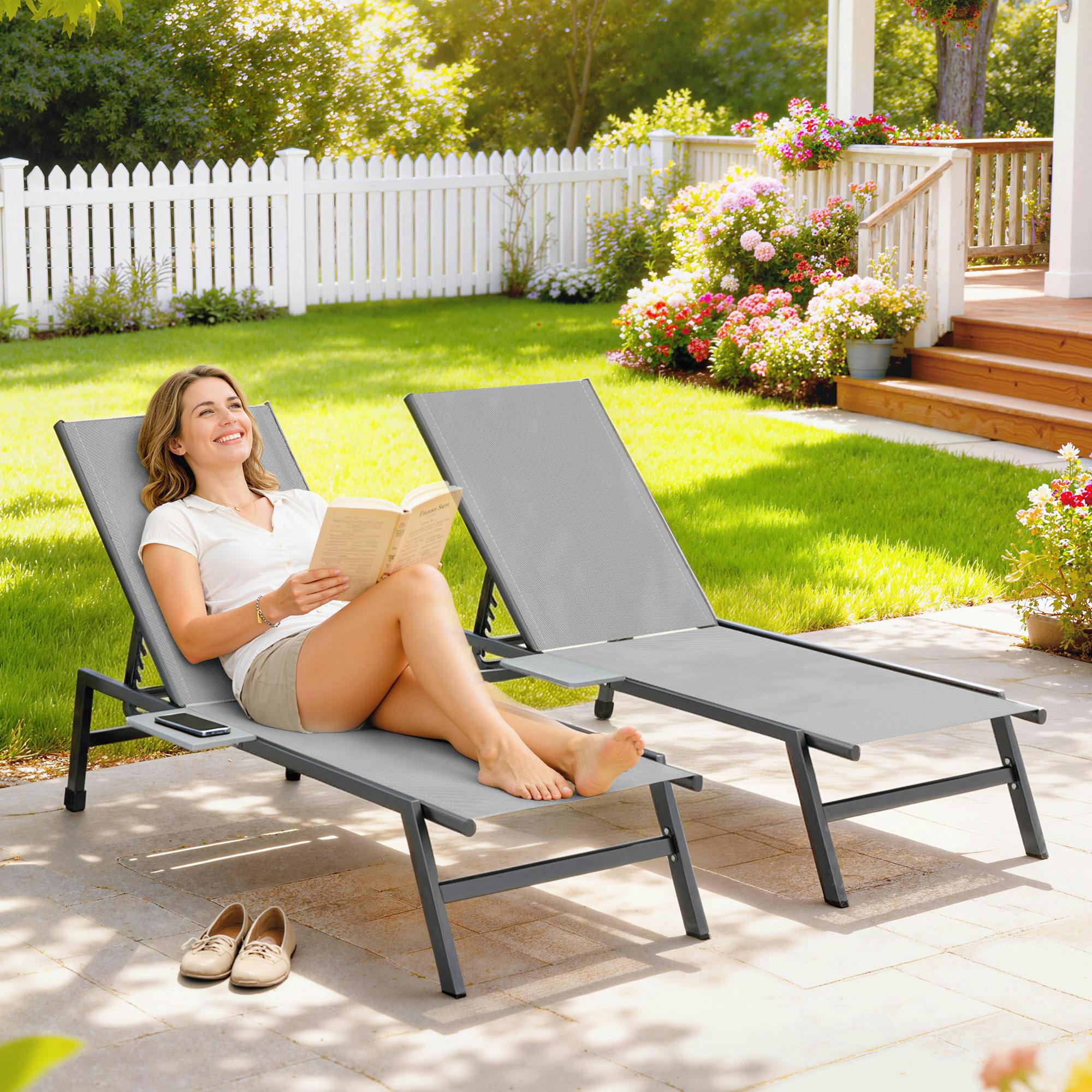 Outsunny Grey Sun Loungers For Garden Set Of 2 With Side Tray Table - Set Of 2