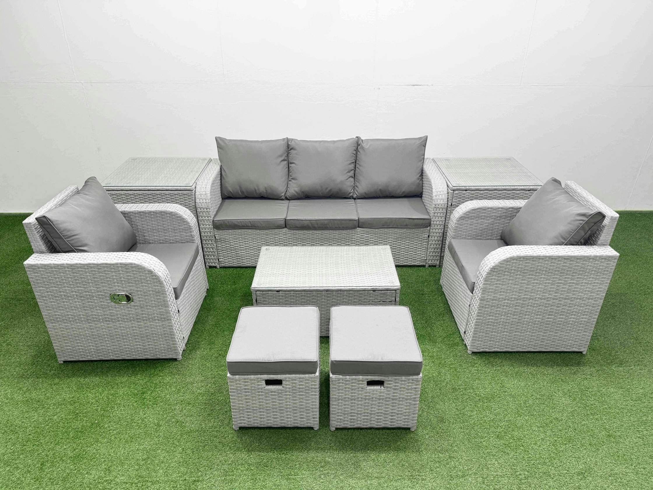 Rackhams Light/Grey Pe Rattan Garden Furniture Set Reclining Chair Sofa Lounge Sofa Set Oblong Coffee Table 2 Side Table 2 Small Stools