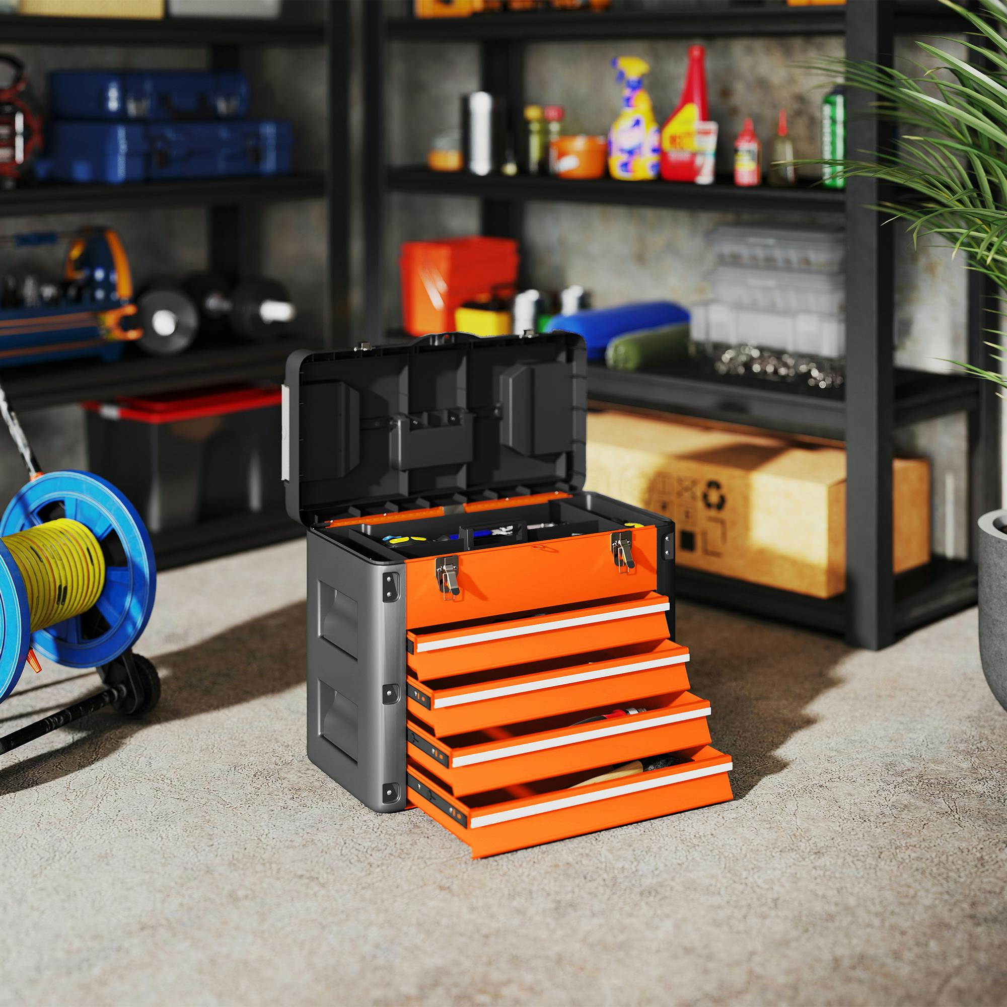 Rackhams Orange 4 Drawers Large Tool Box, Steel Toolbox With Handle, - 49.7L X 25.3W X 40.7H Cm - Tool Box