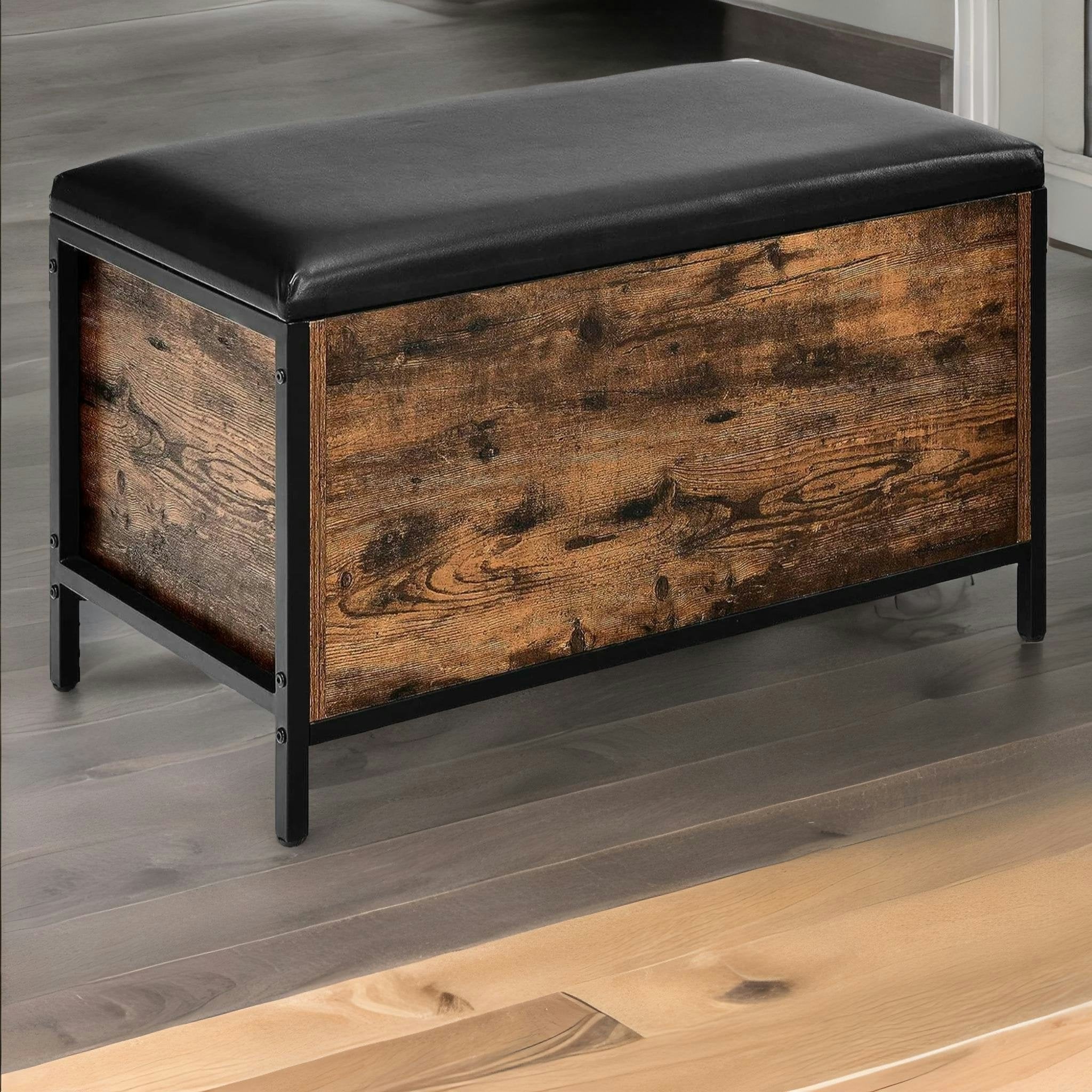 Rackhams Brown Industrial Rustic Shoe Storage Bench With Cushioned Seat & Hidden Storage