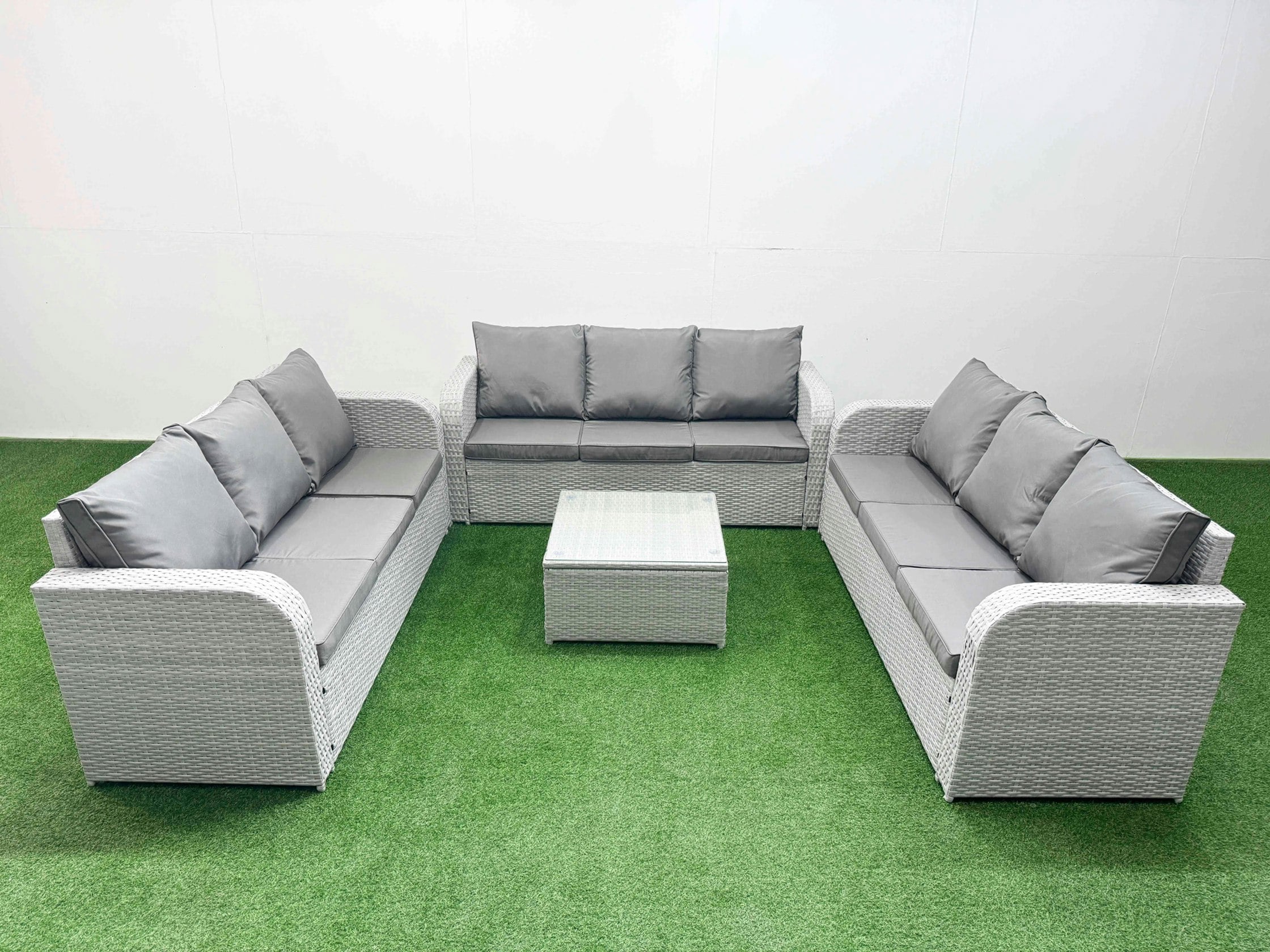Fimous Light/Grey Pe Rattan Lounge Sofa Set 9 Seater Outdoor Garden Furniture Set With Square Coffee Table 3 Seater Sofa