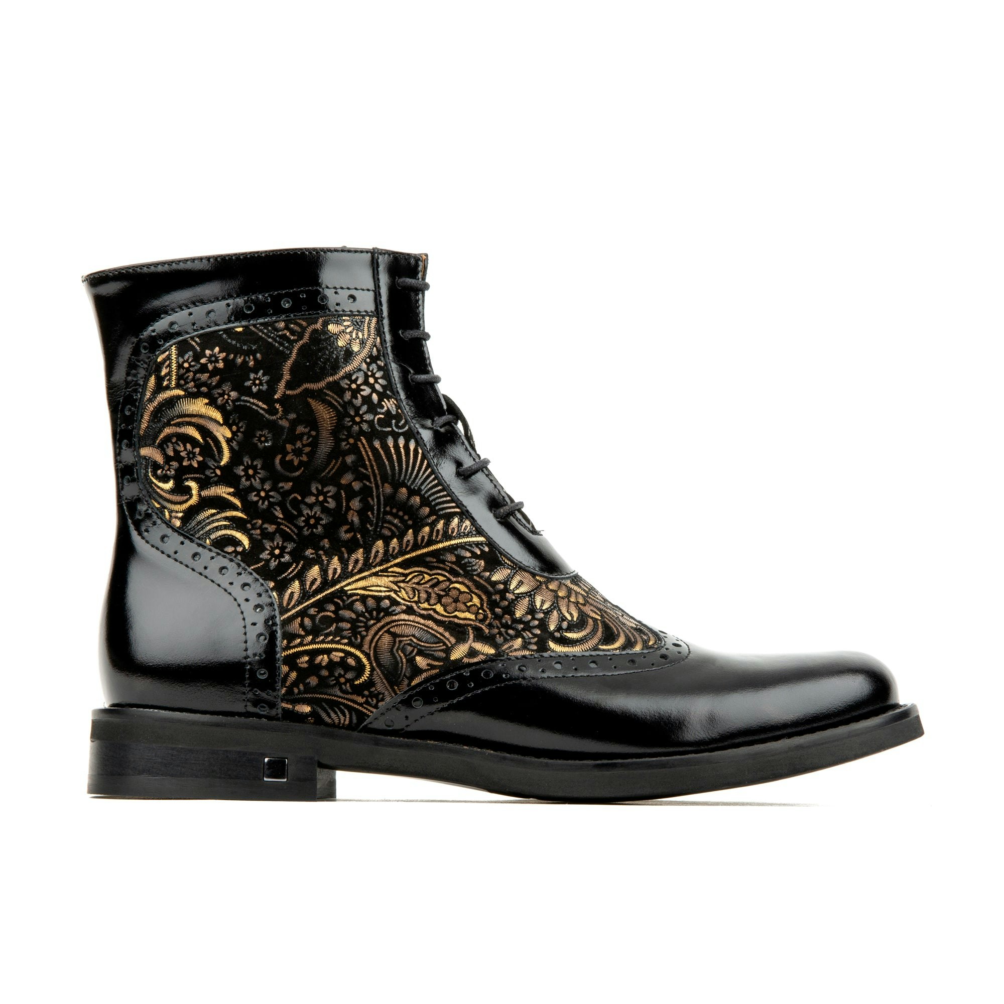 Embassy London Women's Black/Gold Mantis - Higher Ankle Oxford Boot With Wingtip And Broguing - Uk 11 / Eu 44 / Us 13