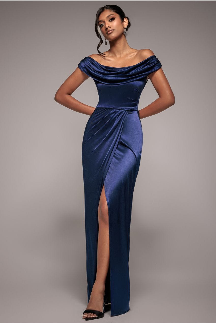 Goddiva Black Cowl Bardot Satin Twill Maxi Dress - Navy By - Navy - 14