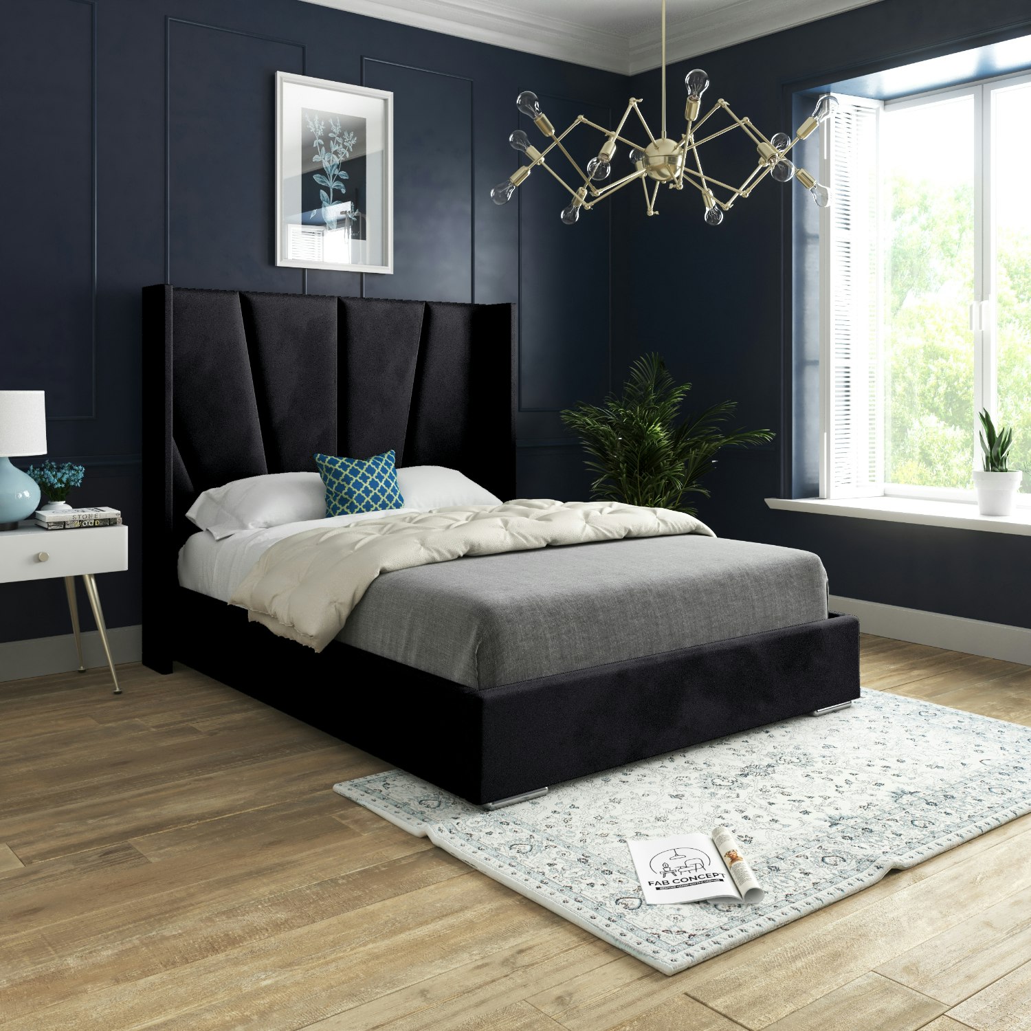 Casa Magna Black Bellini Wide Curved Winged Upholstered Soft Velvet Bed Frame - Double
