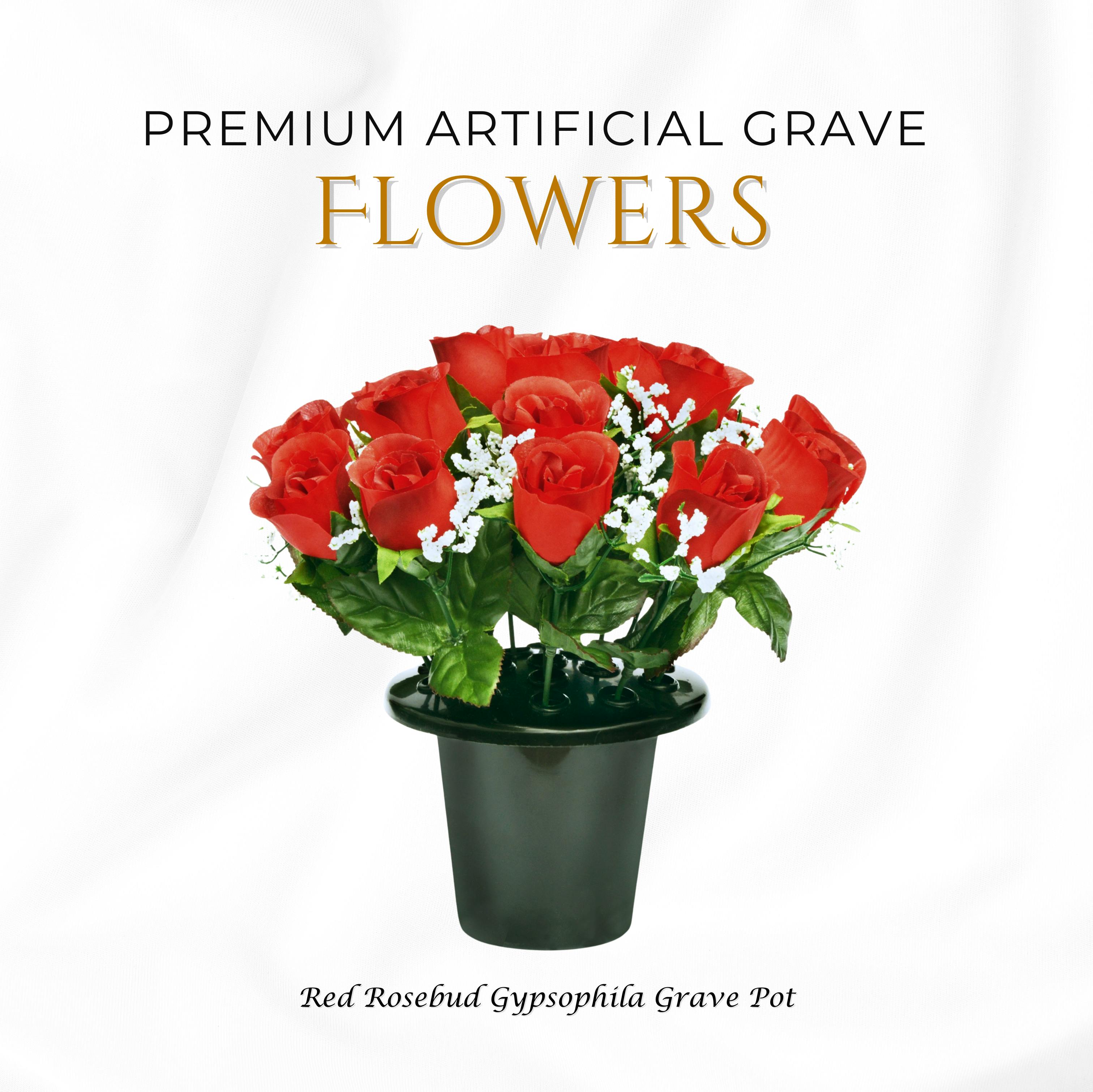 Rackhams Red Premium Artificial Grave Flowers – 25Cm Rosebud With Gypsophila | Memorial Vase Pot