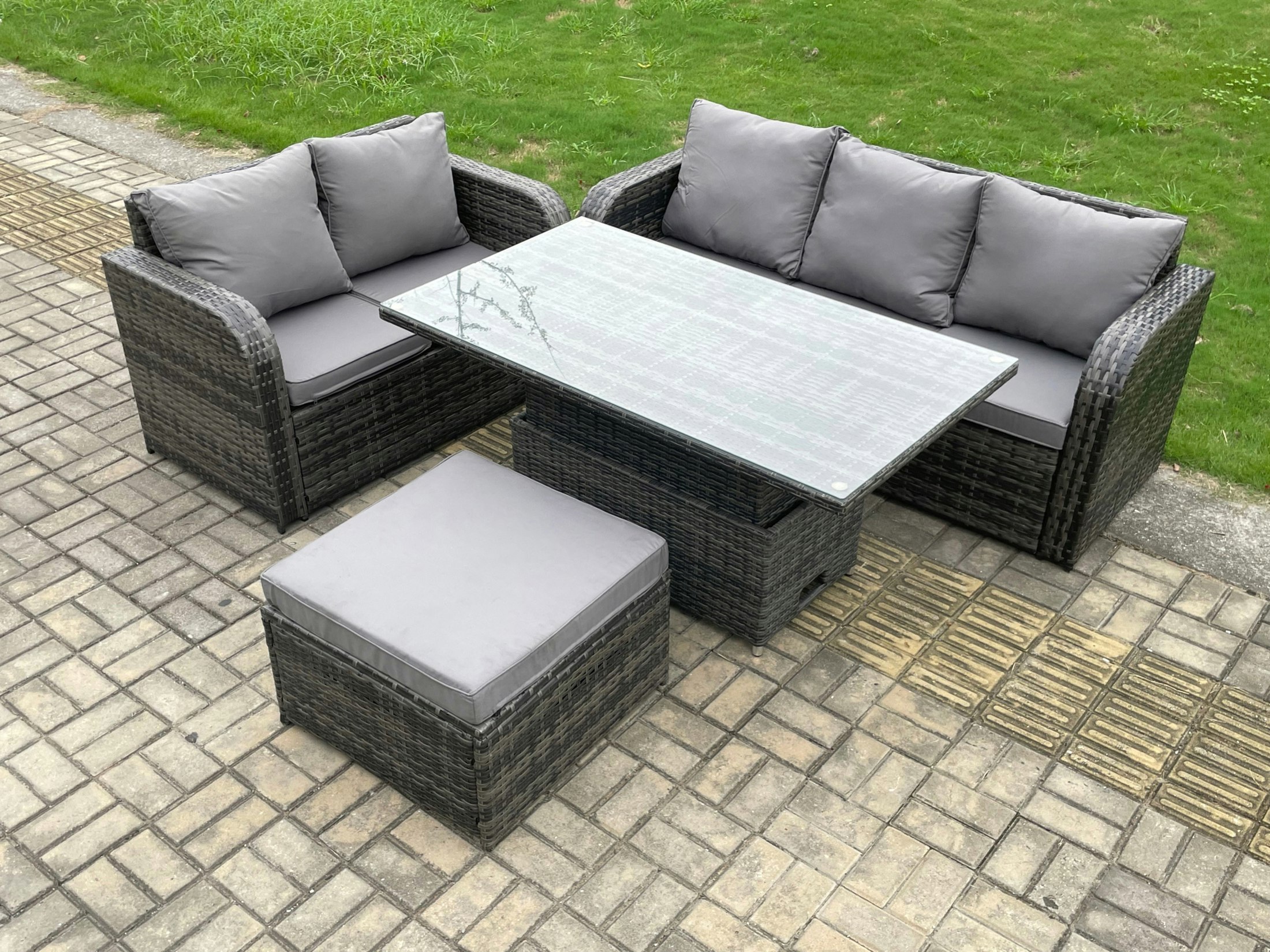 Rackhams Dark/Grey Outdoor Rattan Garden Furniture Sets Height Adjustable Rising Lifting Dining Table Lounge Sofa Set With Big Footstool Mixed