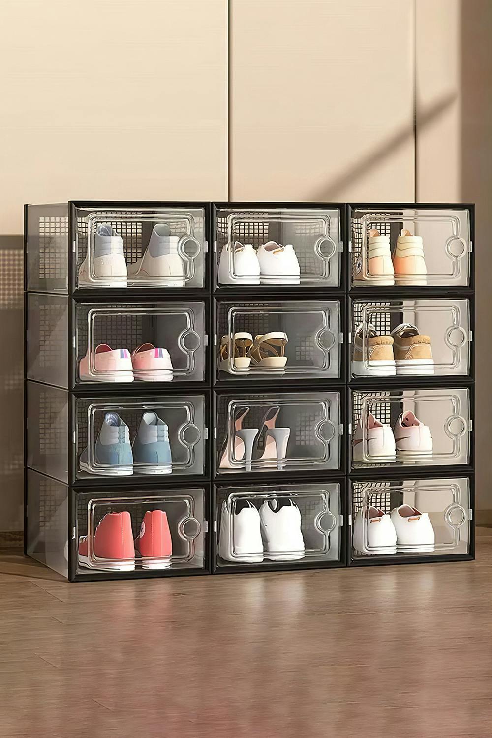 Rackhams Black 12Pcs Stackable Shoe Storage Box Organiser - One Size