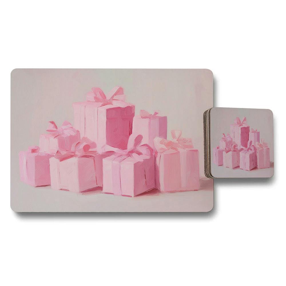 Rackhams Pink Gift Box Placemats And Coaster Set For Dining Table