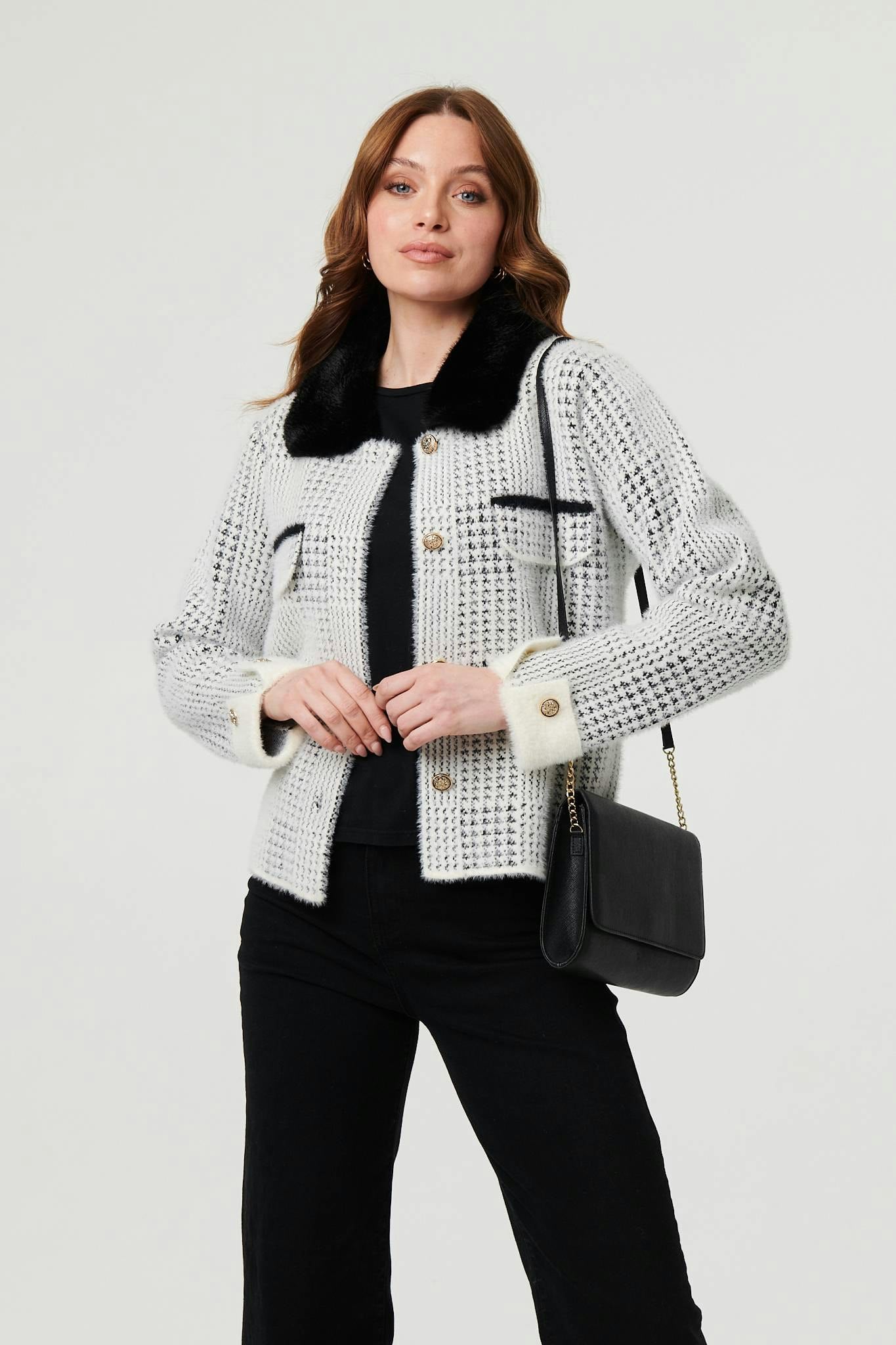 Izabel London Black Checked Faux Fur Long Sleeve Jacket - S/M