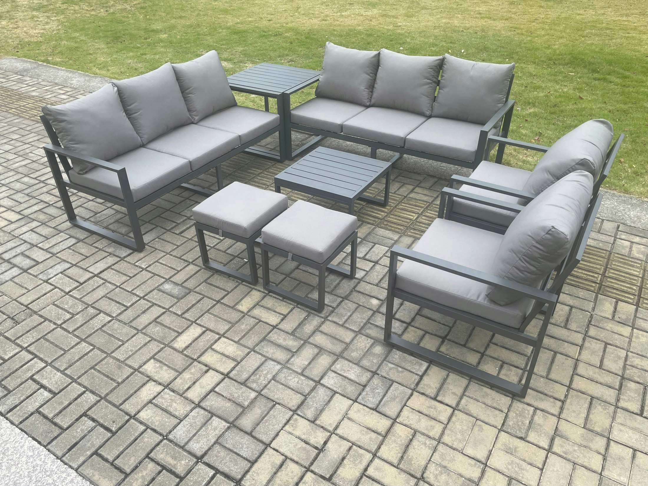 Rackhams Dark/Grey Aluminium Patio Outdoor Garden Furniture Lounge Sofa Set With Square Coffee Table 2 Chairs Side Table 2 Small Footstool