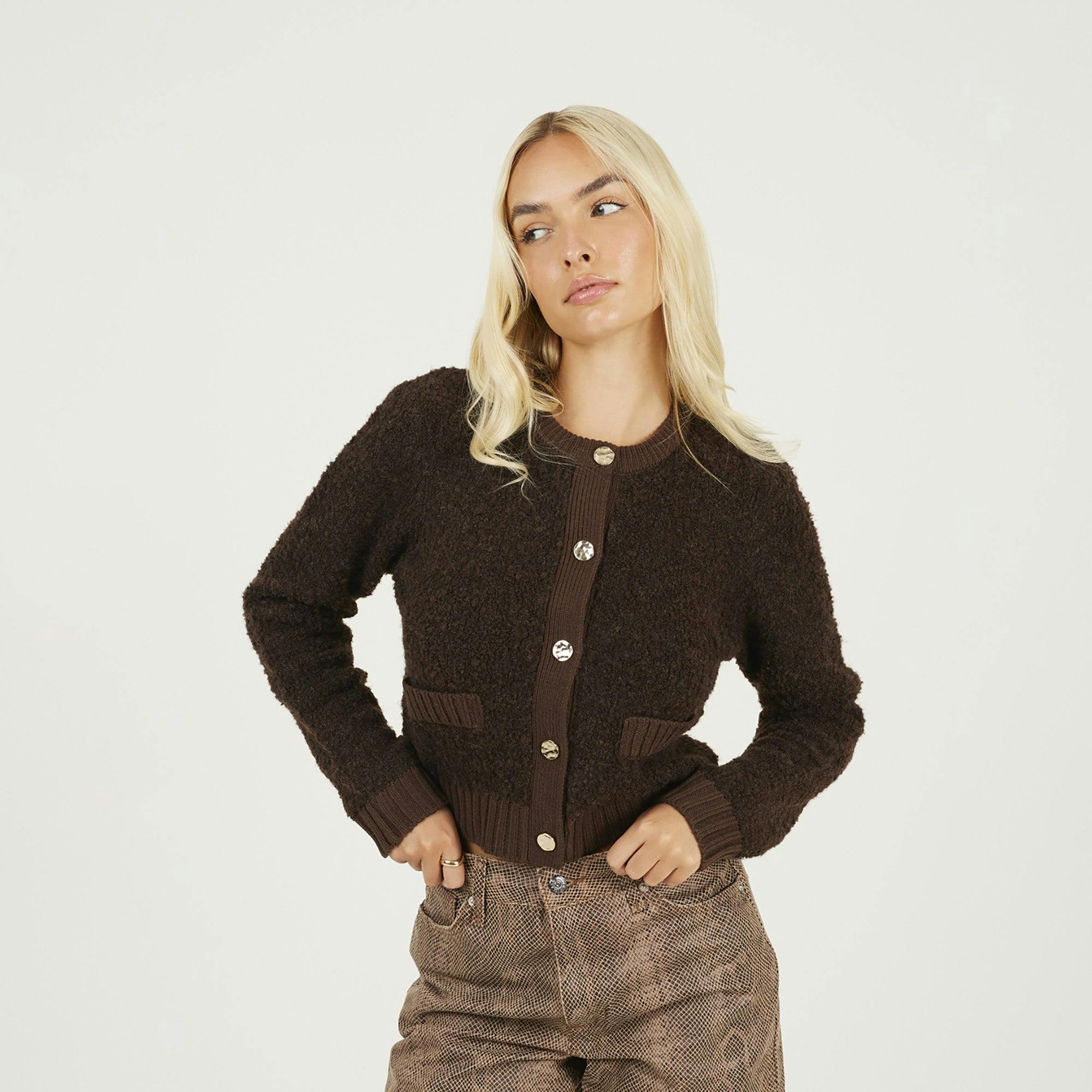 Brave Soul Women's Gold Button Through Boucle Cardigan - Chocolate - Chocolate - L