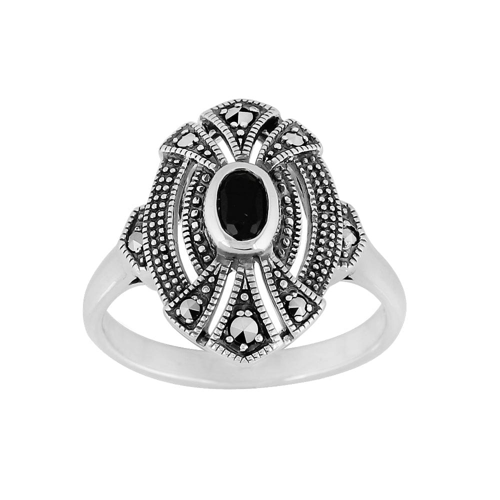 Gemondo Black/Onyx/Silver Art Deco Style Oval & Marcasite Cocktail Ring In 925 Sterling - V