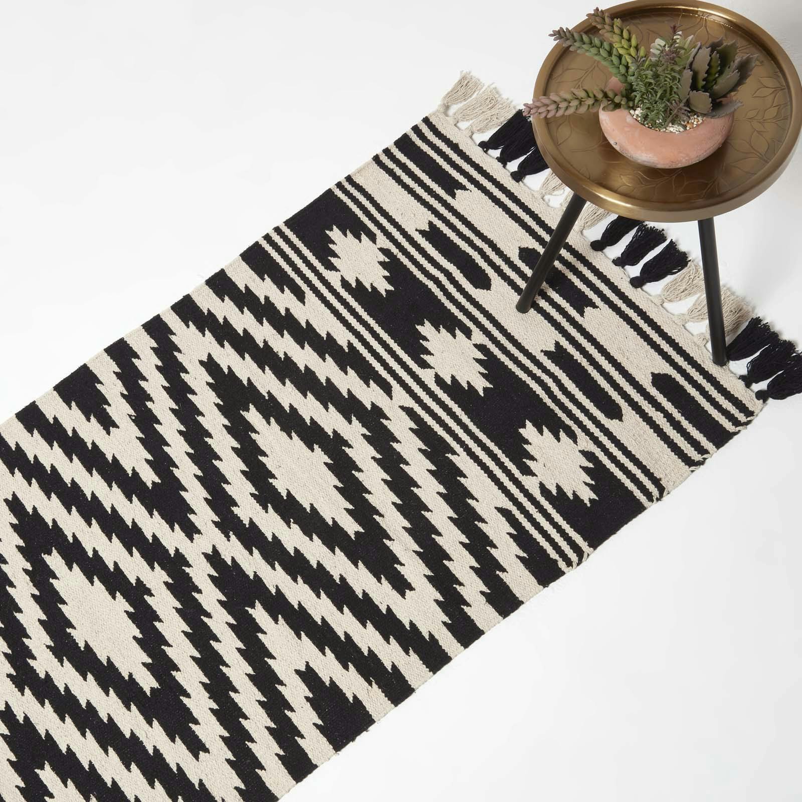 Homescapes Black/White Dinan & Kilim Cotton Rug - 66 X 200 Cm