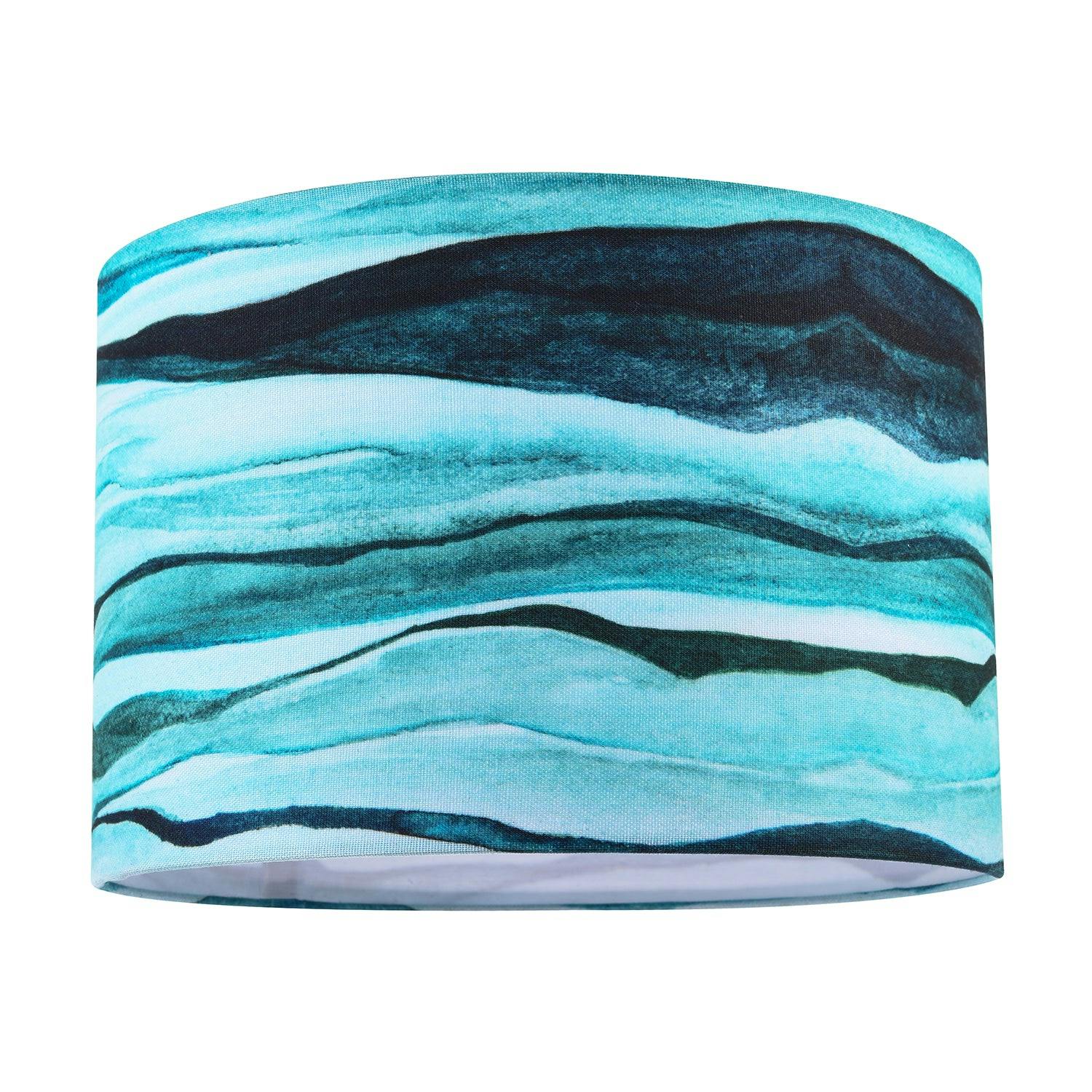 Rackhams Blue Sea Waves Drum Lamp Shade In Teal Duck Egg And Navy - 30Cm Linen
