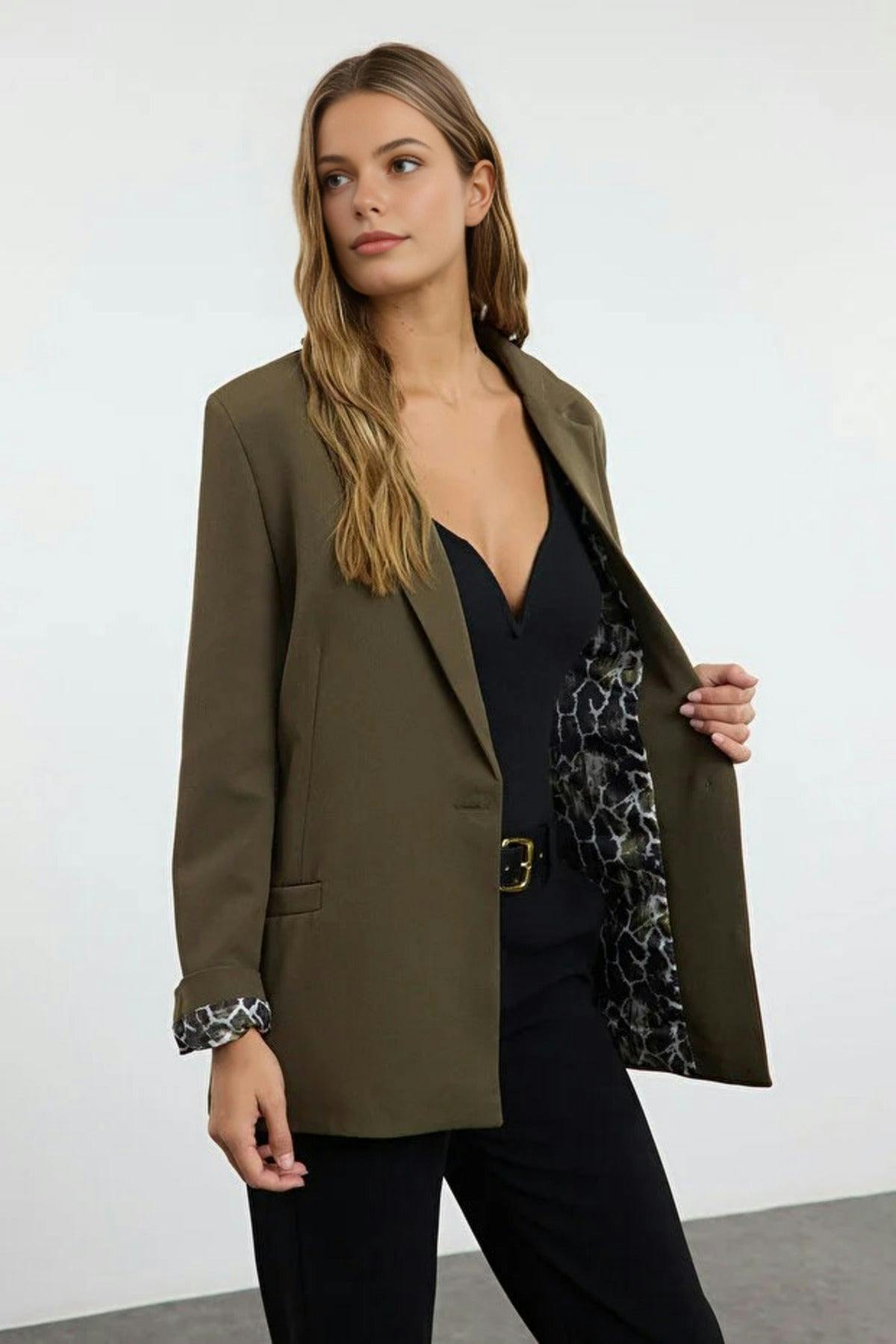 Wovcor Woven Blazer Jacket With Lining Detail - Khaki - 14