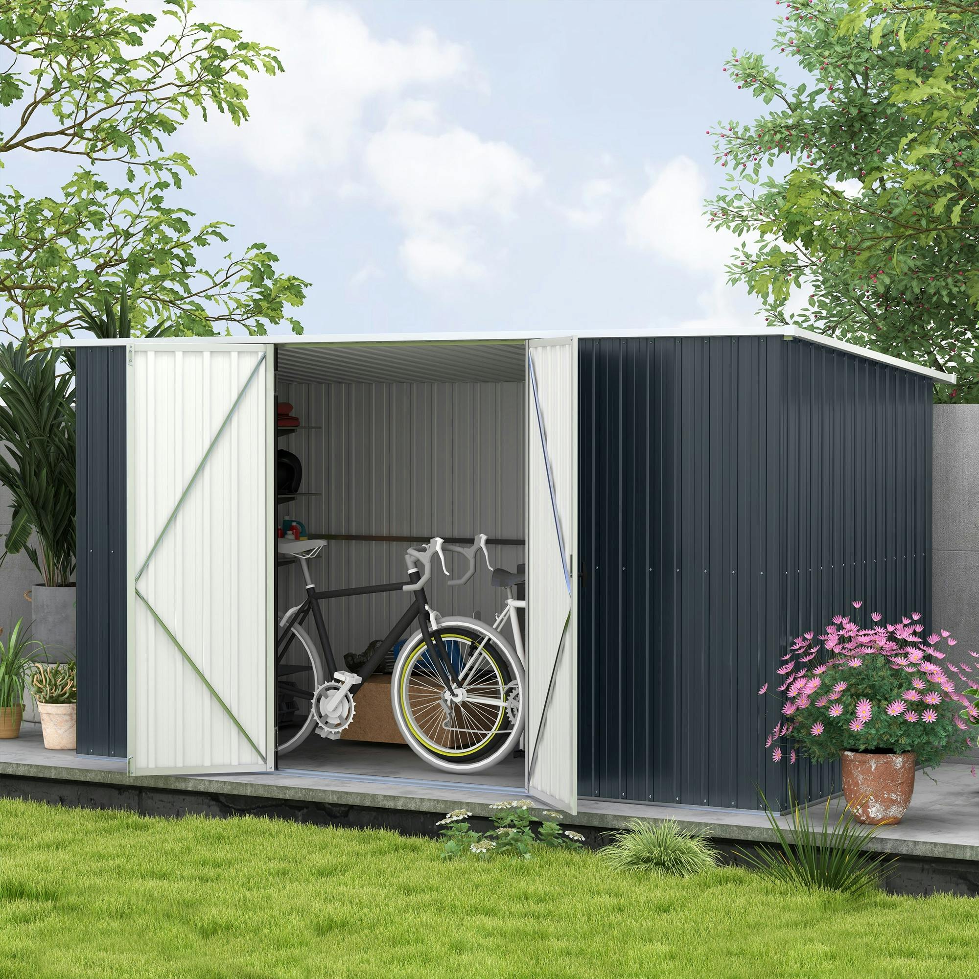 Rackhams Grey 11 X 5.6Ft Galvanised Metal Garden Shed With Lockable Doors,