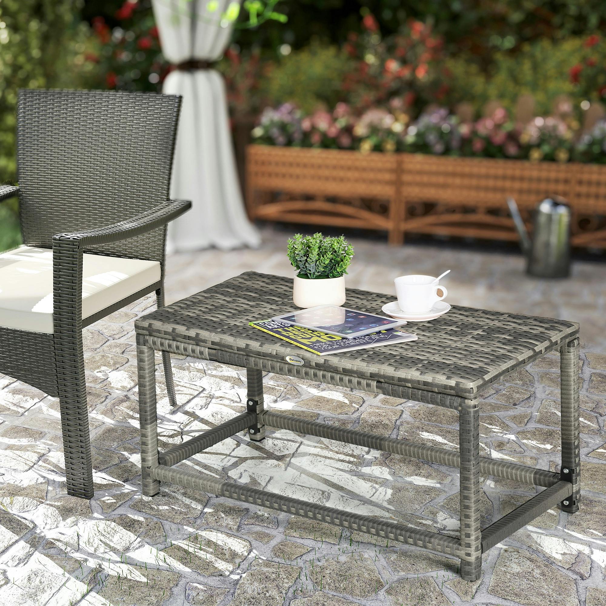 Outsunny Outdoor Coffee Table, Pe Rattan Side Table W/ Plastic Board, Grey - Image 3