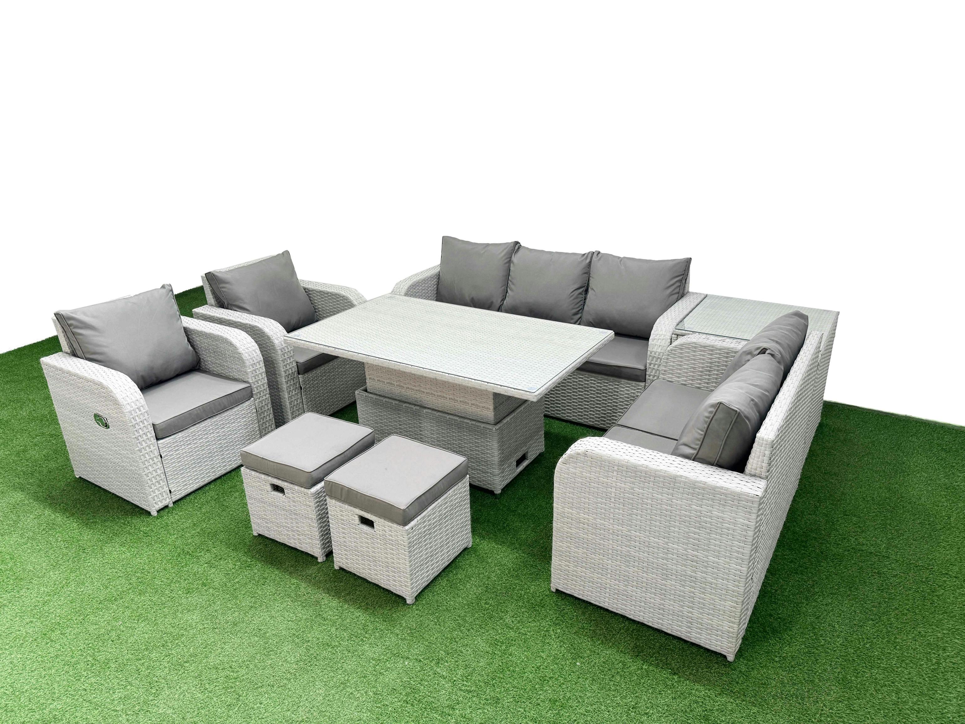 Rackhams Light/Grey Pe Rattan Garden Sofa Set, Adj Height Table, Reclining Sofa, Double Love Seat, 2 Seater Lounge, 2 Stools And Side Table,