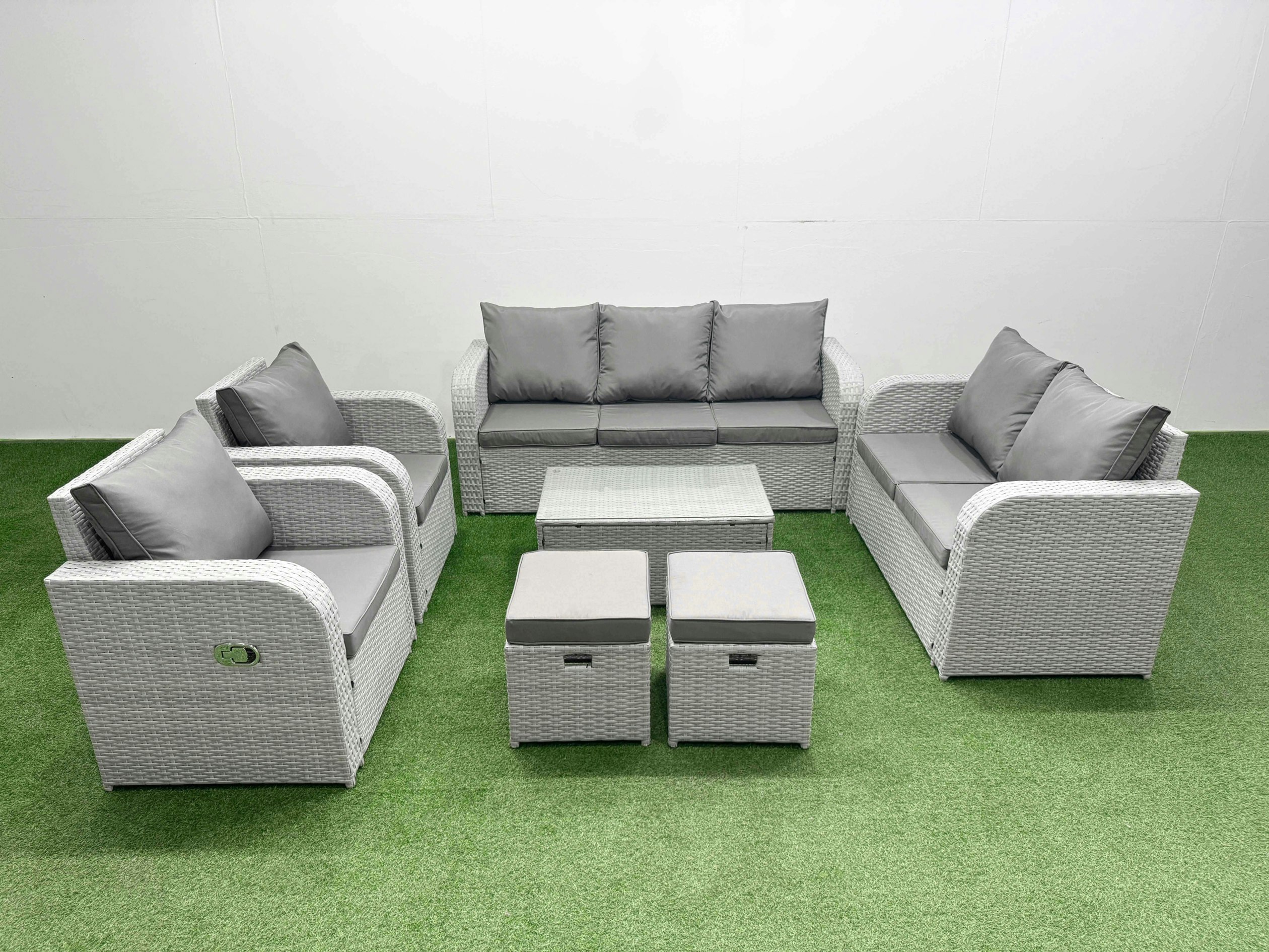 Rackhams Light/Grey Pe Rattan Garden Furniture Set Adjustable Chair Sofa Double Love Seat 2 Seater Sofa Lounge Set Oblong Coffee Table 2 Stools