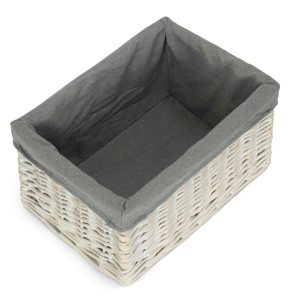 Rackhams Grey Whitewash Lined Open Wicker Storage Basket - Medium