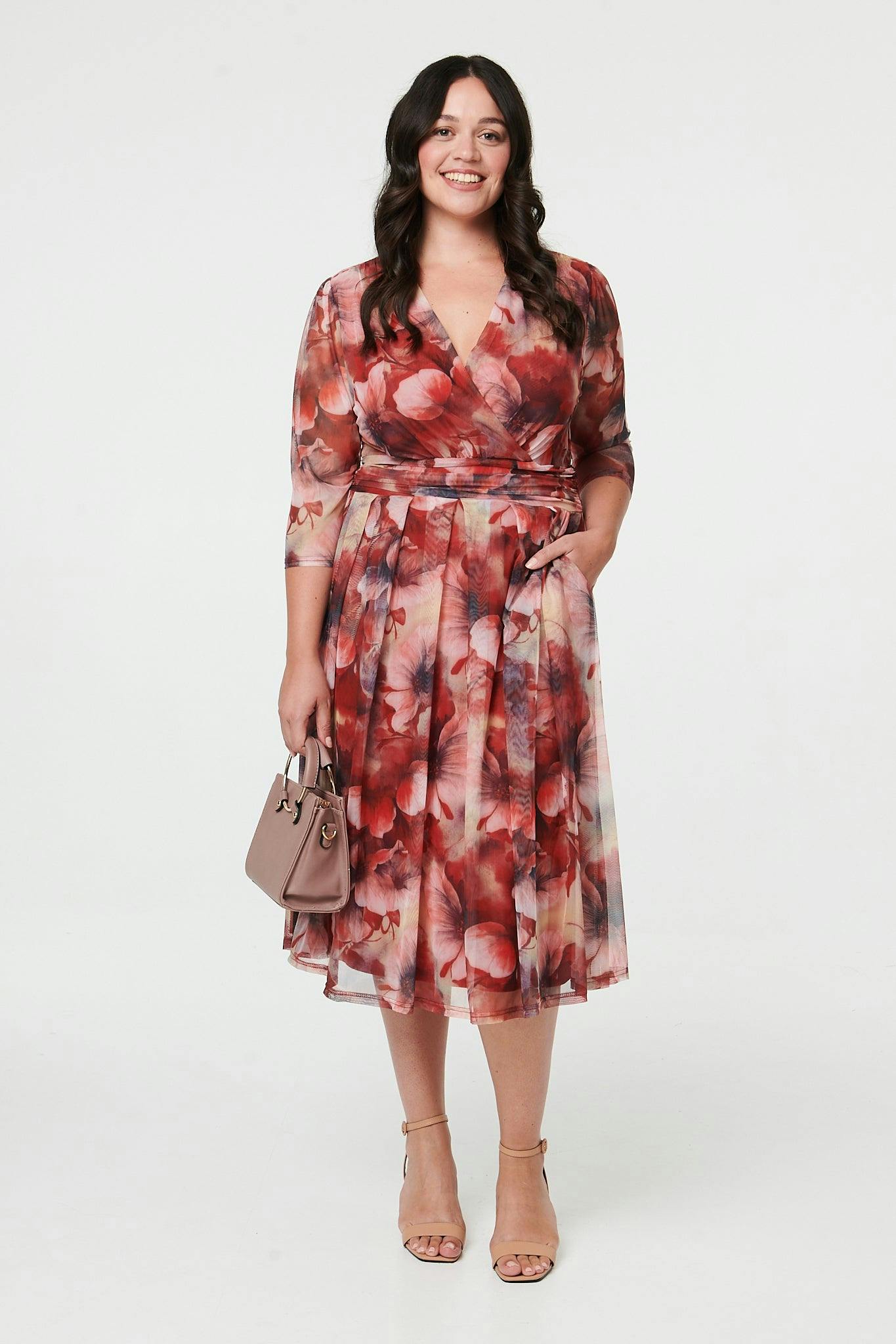 Izabel London Curve Floral 3/4 Sleeve Midi Wrap Dress - 22 - Rust