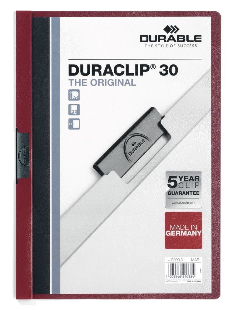 Durable Dark/Red Duraclip 30 Sheet Document Clip File Folder | 25 Pack | A4