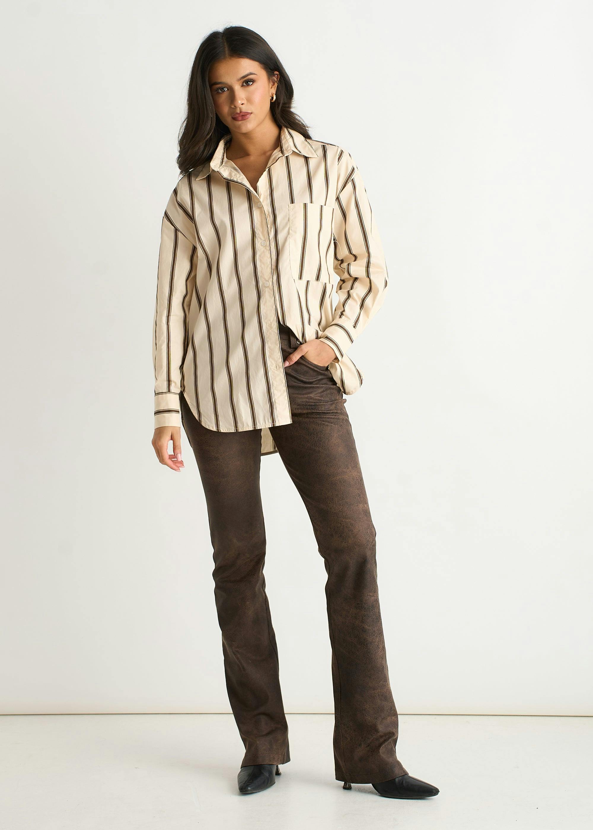 Gini London Cream Stripe Cotton Button Through Shirt - Uk 12 / Us 8 / Eu 40