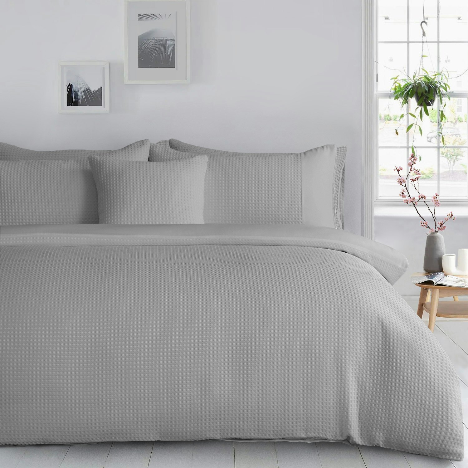 Rackhams Silver Waffle Weave Double Duvet Cover Set With Button Enclosure And Matching Pillowcase Set - Double